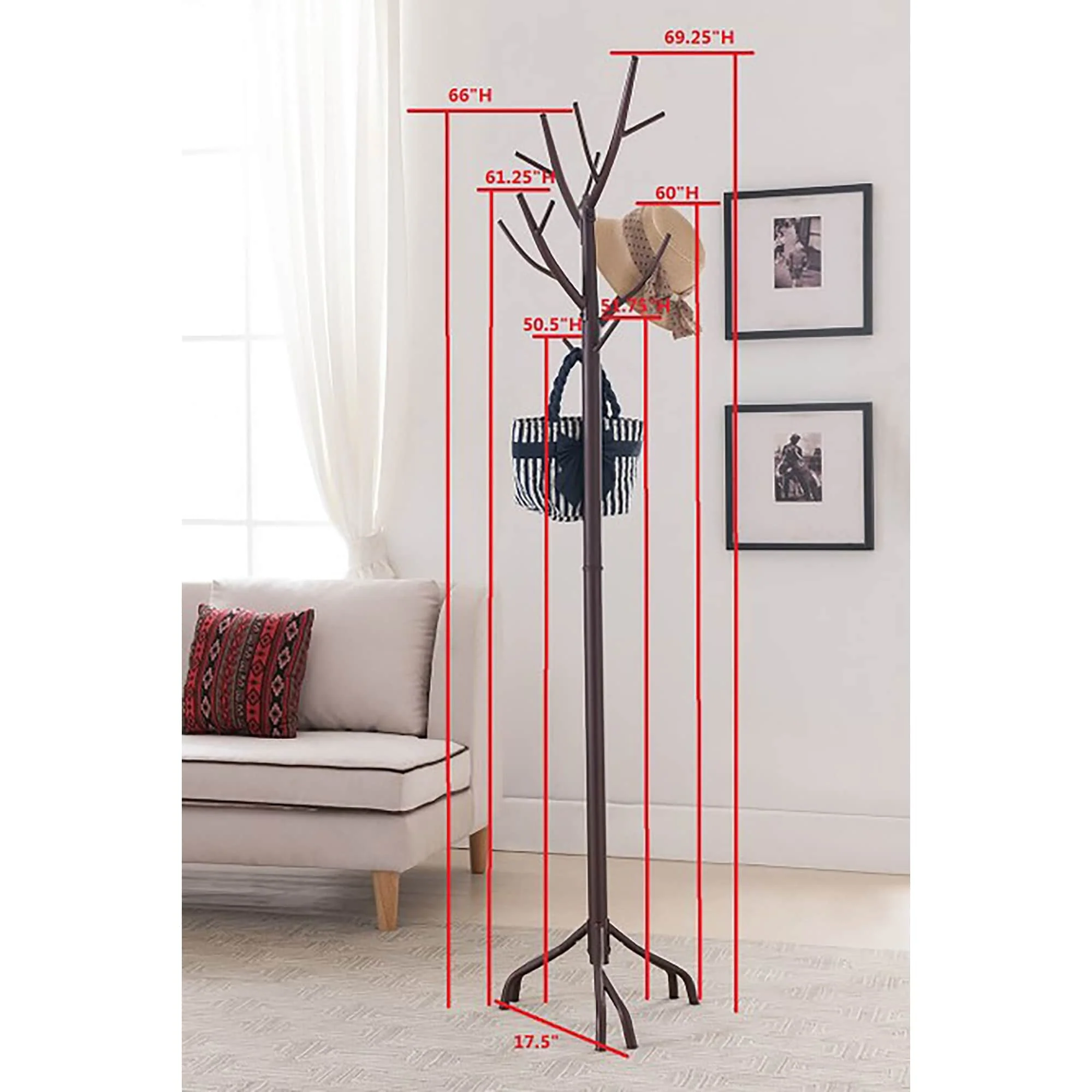 Metal Hall Tree Freestanding Coat & Hat Rack with Branches, Bronze