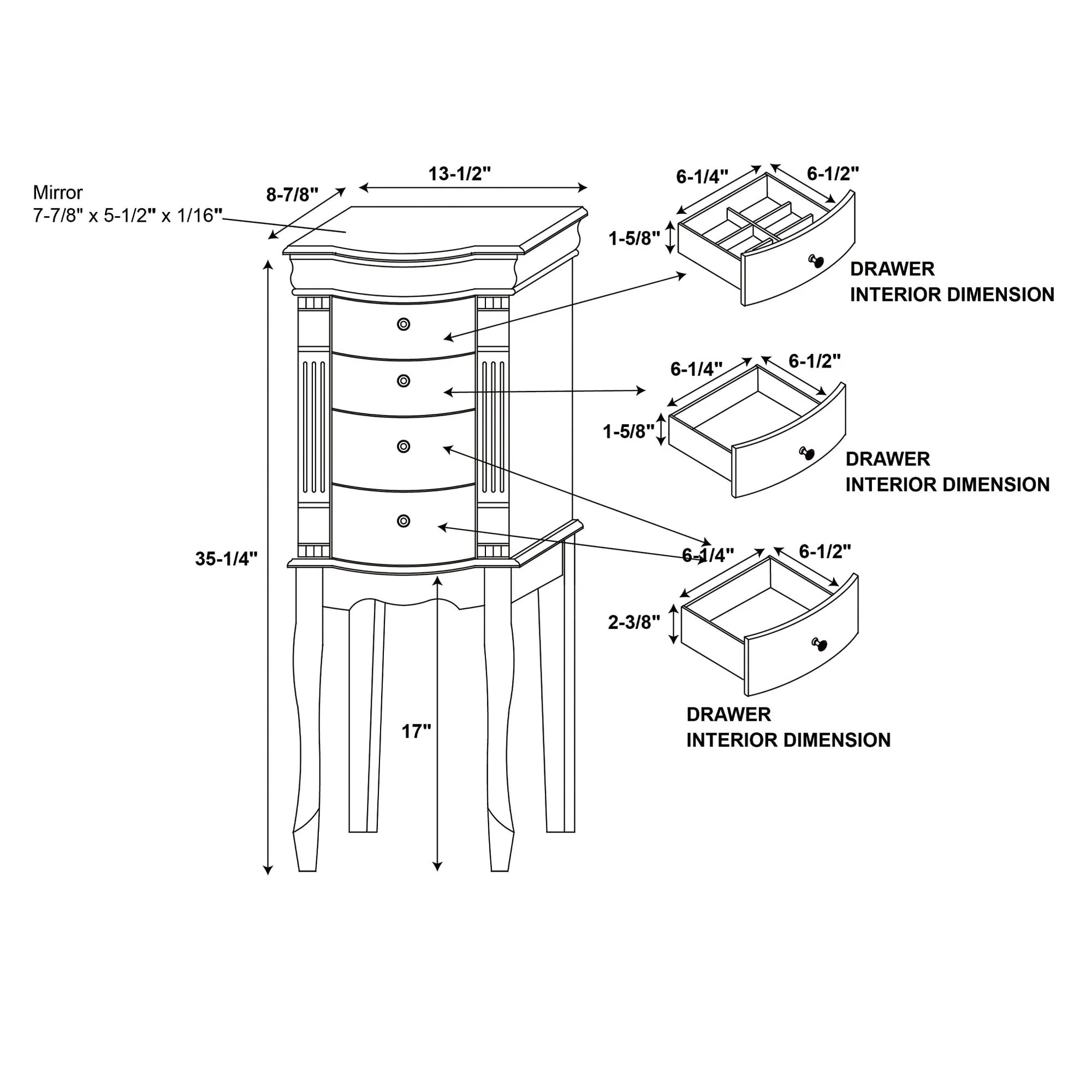 Jewelry Armoire with Storage Drawers - 35.25
