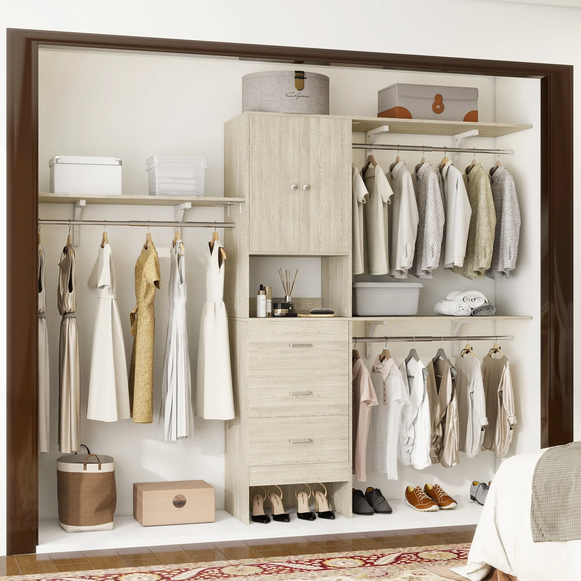 20''-96'' Wide Wooden Closet Organizer With Doors, Adjustable Closet System with Drawers and Hanging Rods
