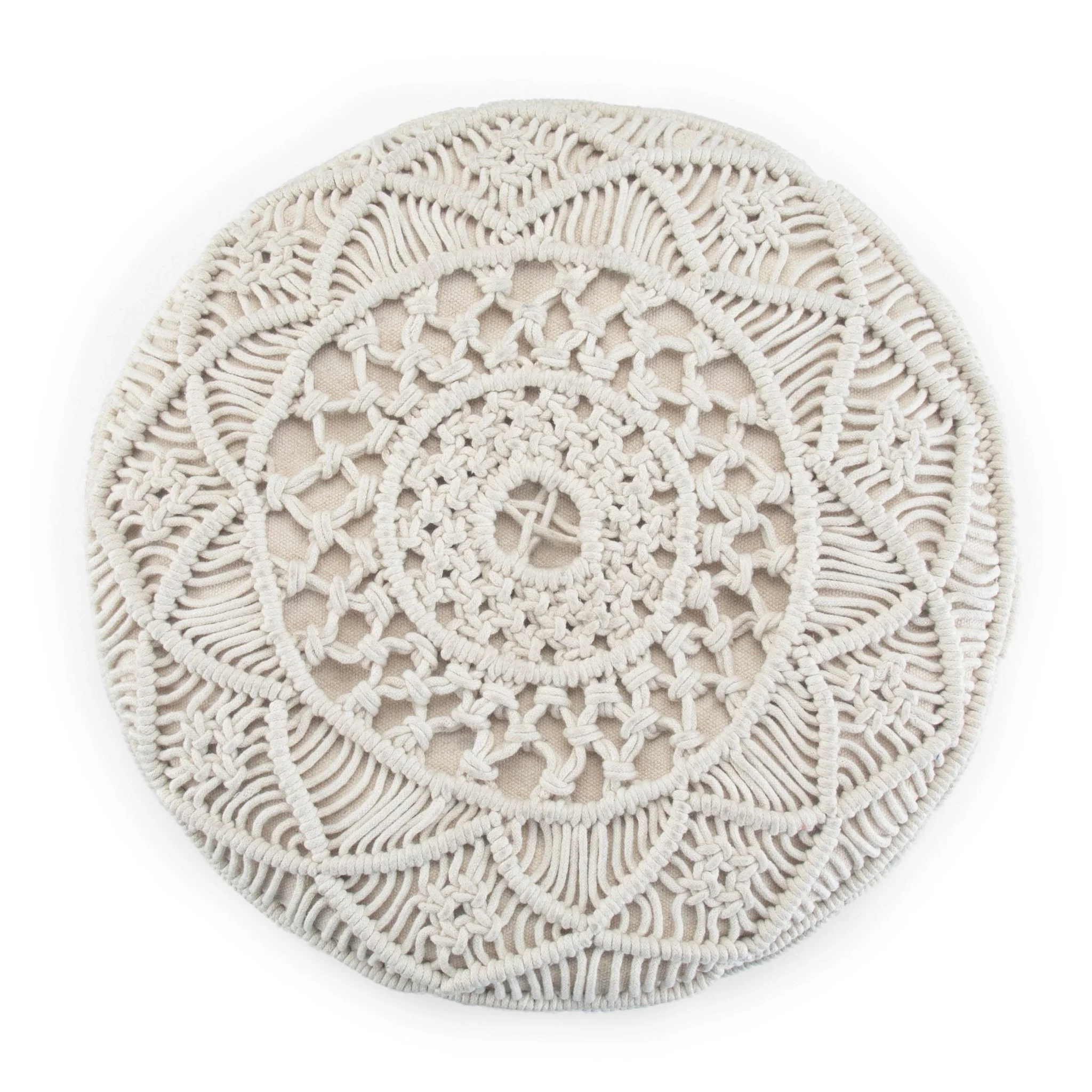 Round Pouf with Macramé Woven Natural Pattern