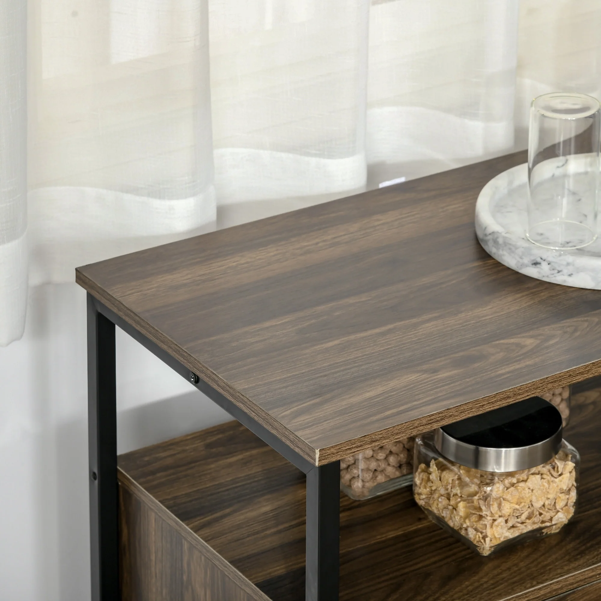 HOMCOM Rustic Kitchen Sideboard, Serving Buffet Cabinet with Adjustable Shelves, Glass Doors, and 2 Drawers