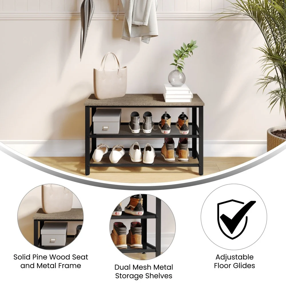 3-Tier Entryway Bench with Mesh Metal Shoe Storage Shelves