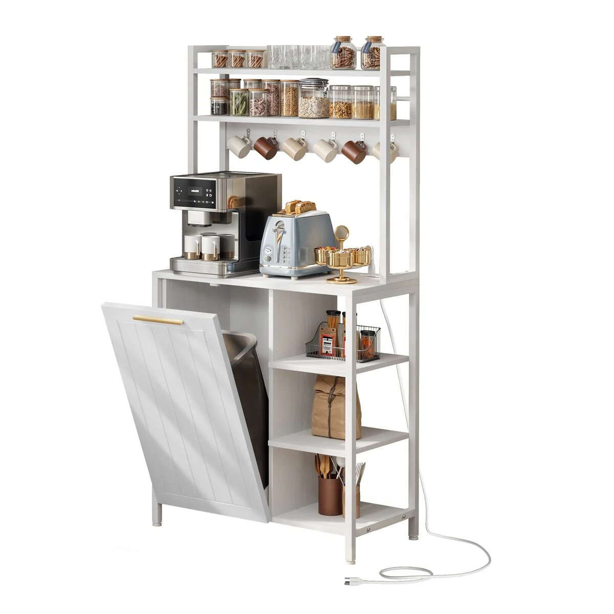 Moasis 6 Tier Kitchen Bakers Rack with Storage Shelves, Kitchen Organizer with Trash Can Bin Cabinet