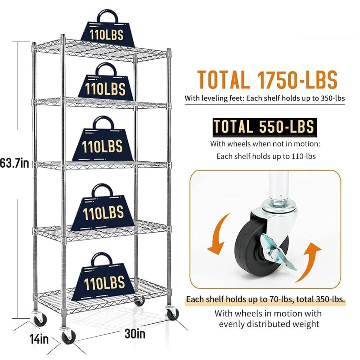 Chrome 4/5-Tier Steel Shelving with Wheels & Liners Heavy-Duty Storage