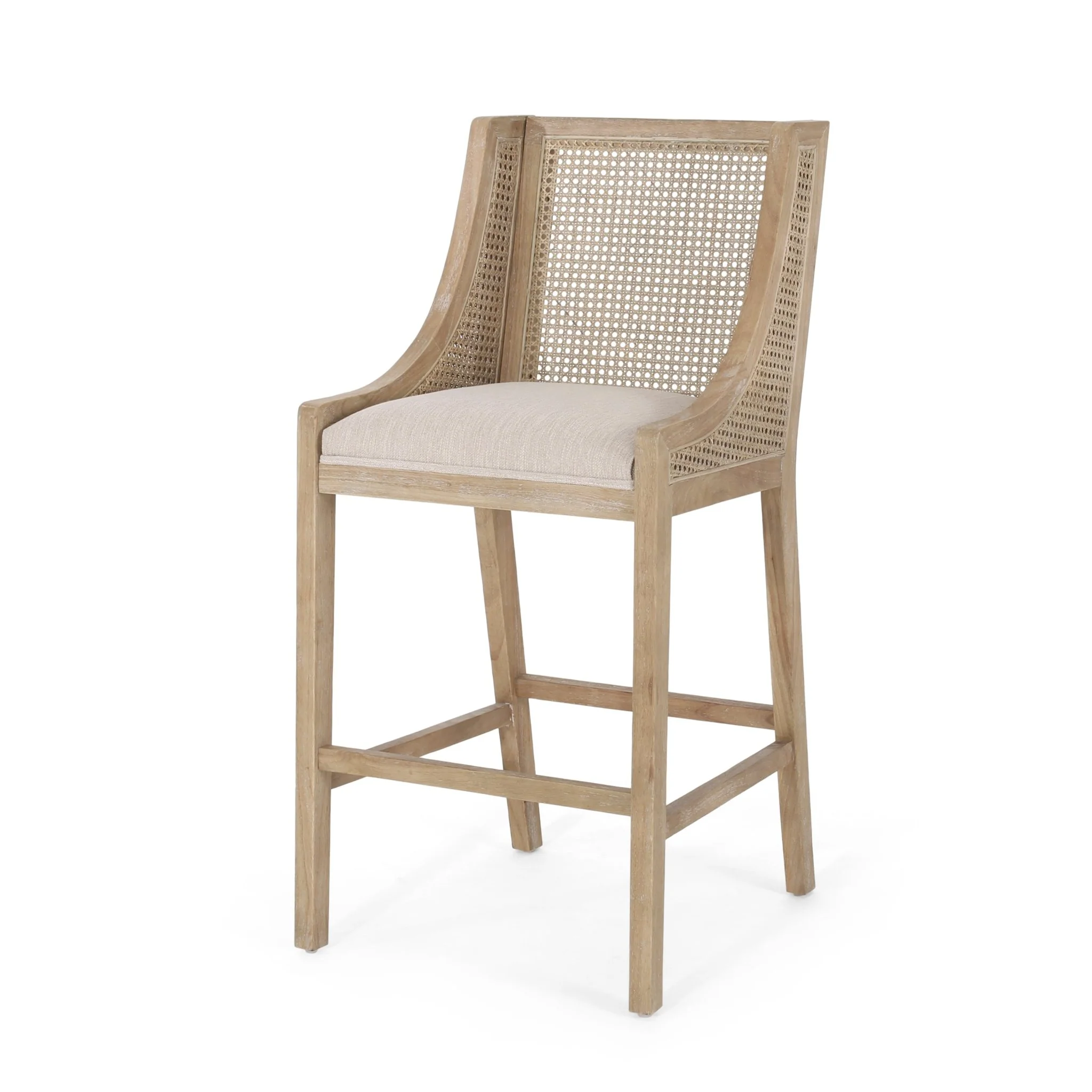 Celestiality Upholstered Barstool with Cane Webbing Backrest, Set of 2