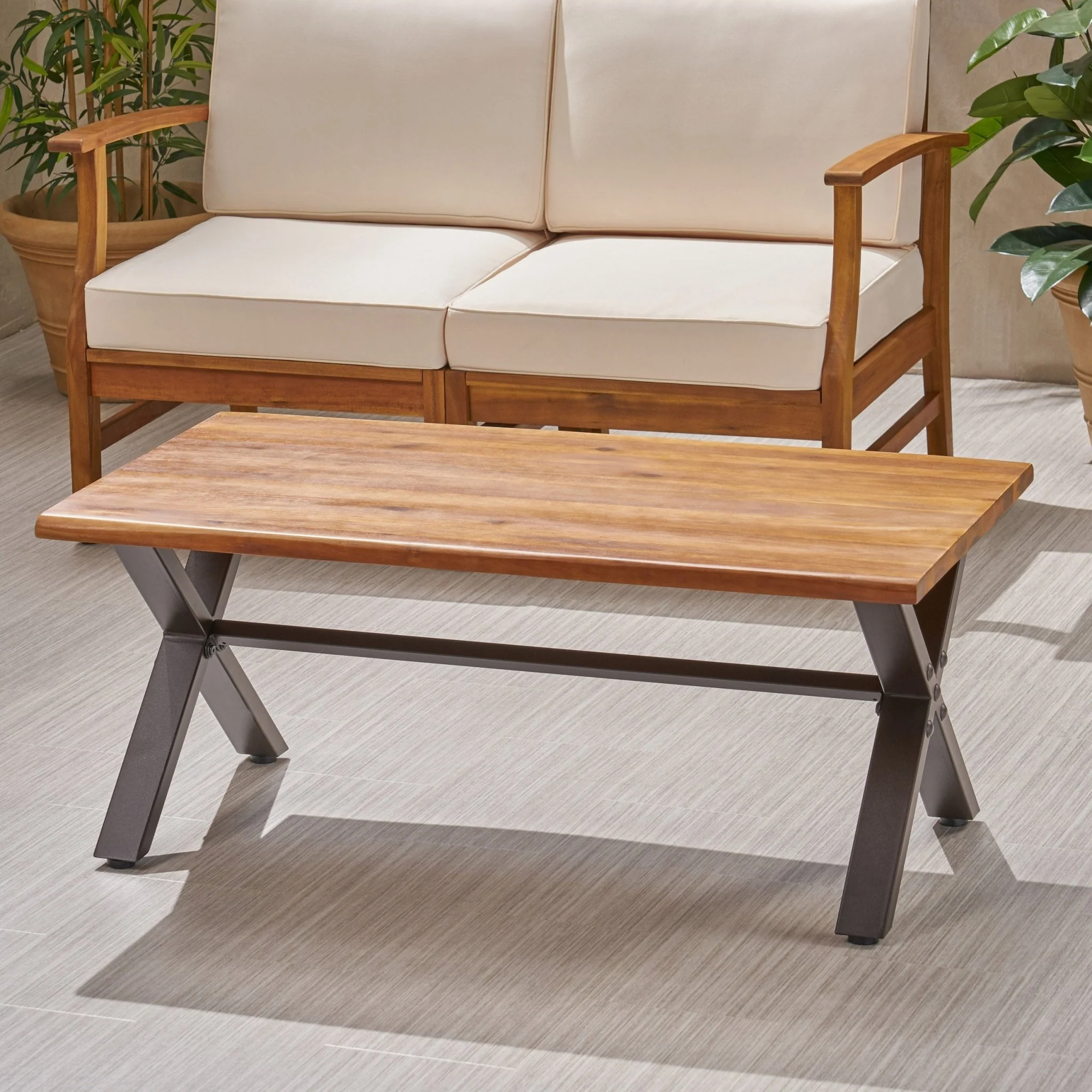 Outdoor Acacia Wood Coffee Table with X-Shaped Metal Legs