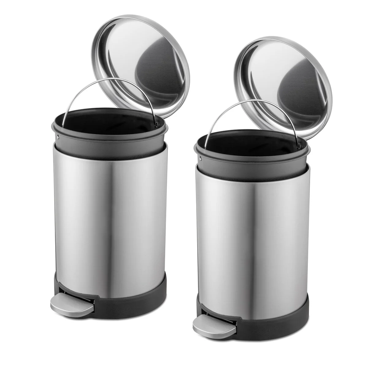 Qualiazero TWO 1.6 Gal Round Step On Trash Cans, Stainless Steel, Twin Pack