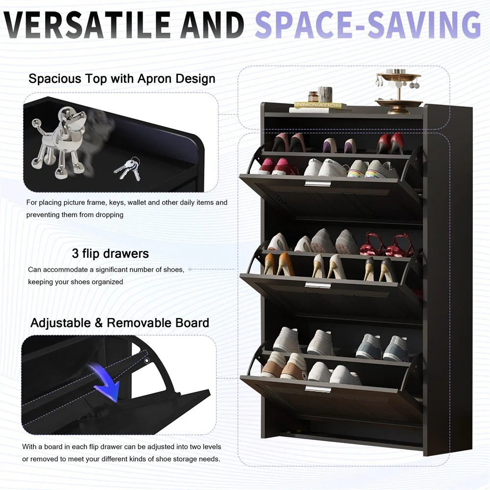 Free Standing Wood Shoe Storage Cabinet with 3 Flip Drawers
