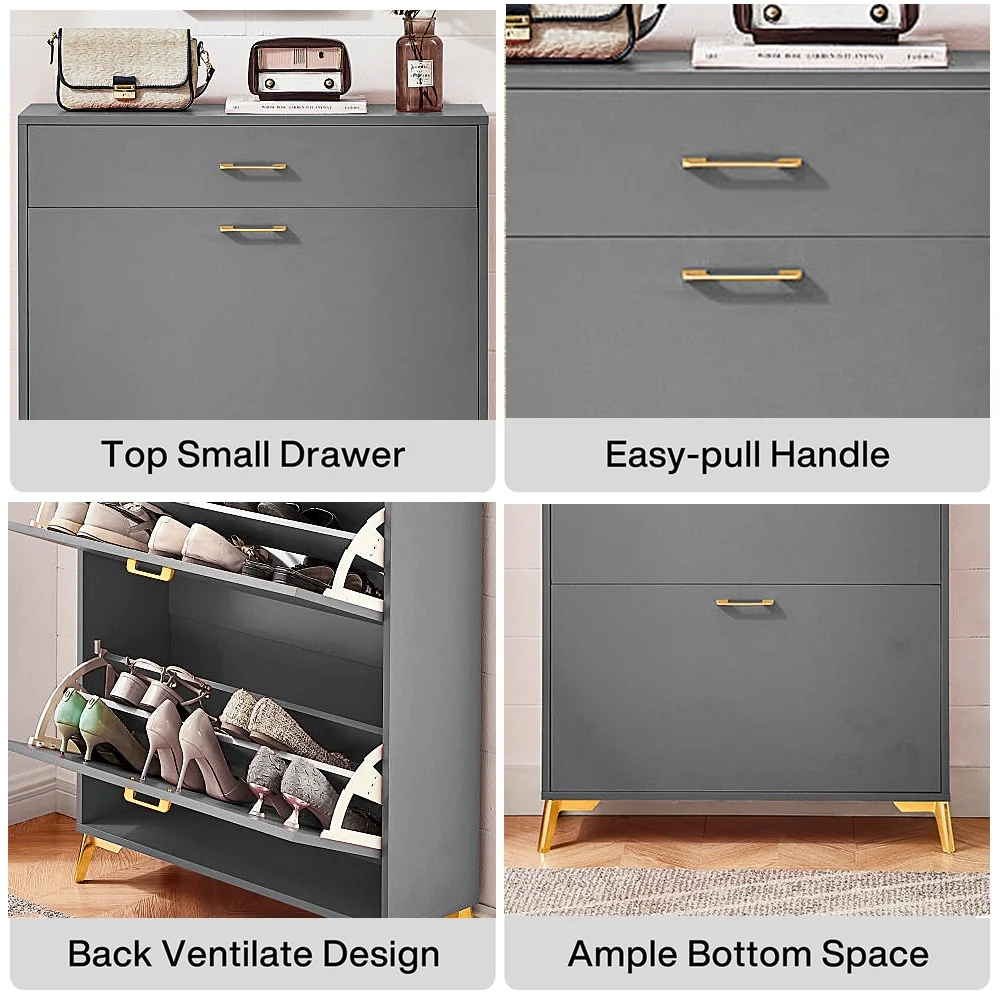 Freestanding Shoe Cabinet for Entryway, with 2 Flip Doors and Drawer - 32'W x 10''D x 43''H