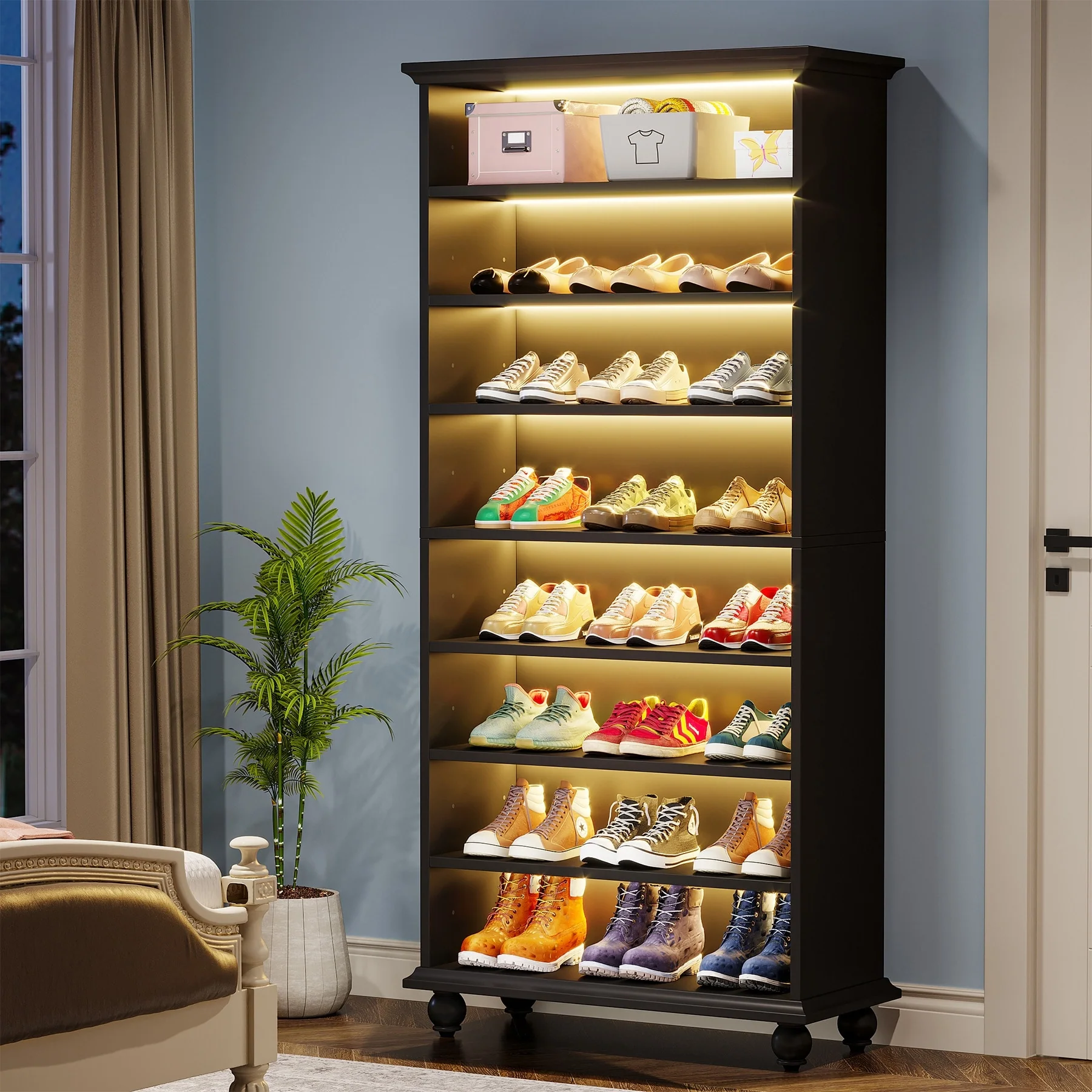 Narrow Tall Shoe Cabinet with LED Lighting, 9-Tier 30 Pairs Freestanding Shoes Storage Cabinet