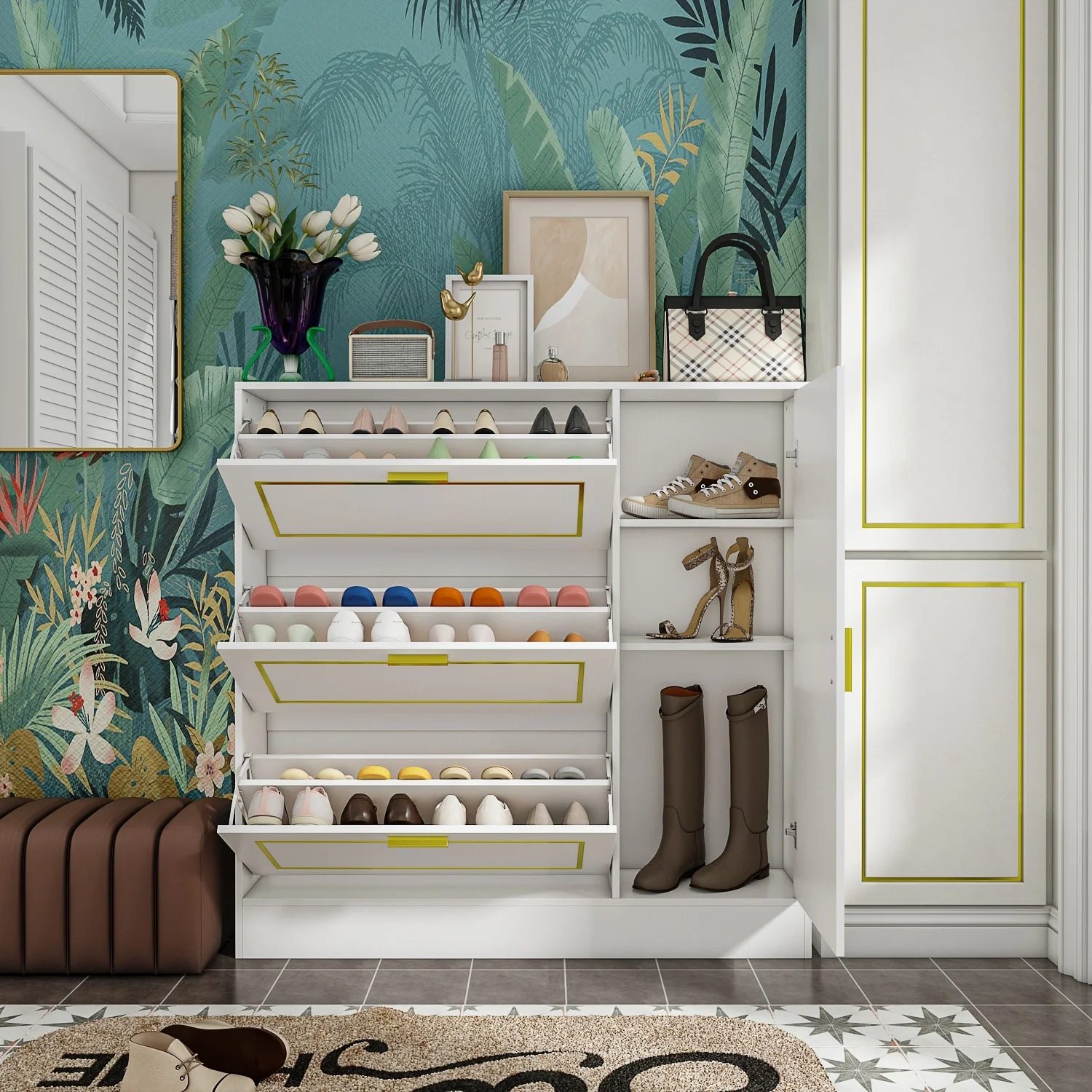Fold-Out Shoes Cabinet Storage Cabinet Dresser Chest(Black/White)