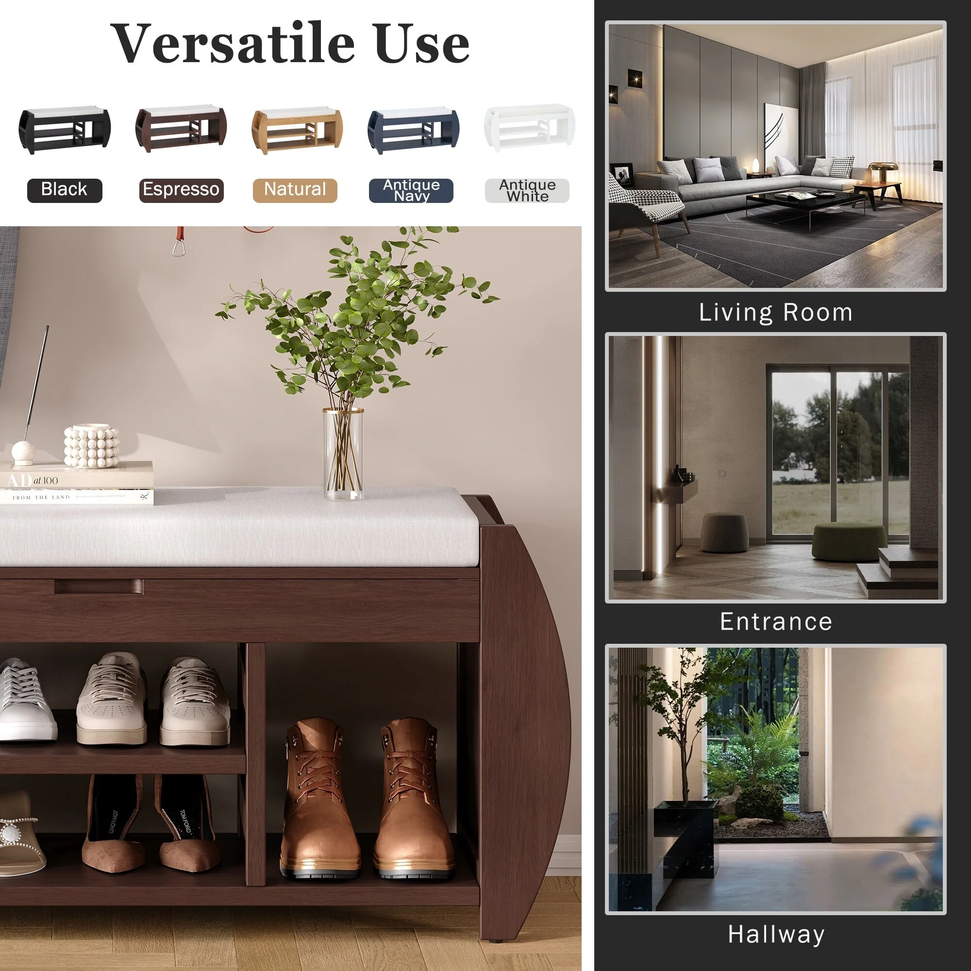 Multifunctional Storage Bench with Cushion and Curved Side Panel for Entrance and Living Room