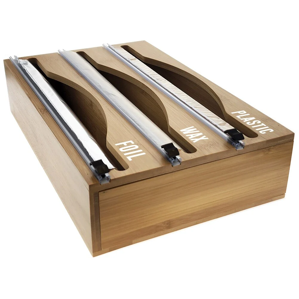 Luxe Bamboo Plastic Wrap/Wax Paper/Aluminum Foil Dispenser for Drawer or Wall Mountable - Cling Wrap / Tin Foil Kitchen Holder
