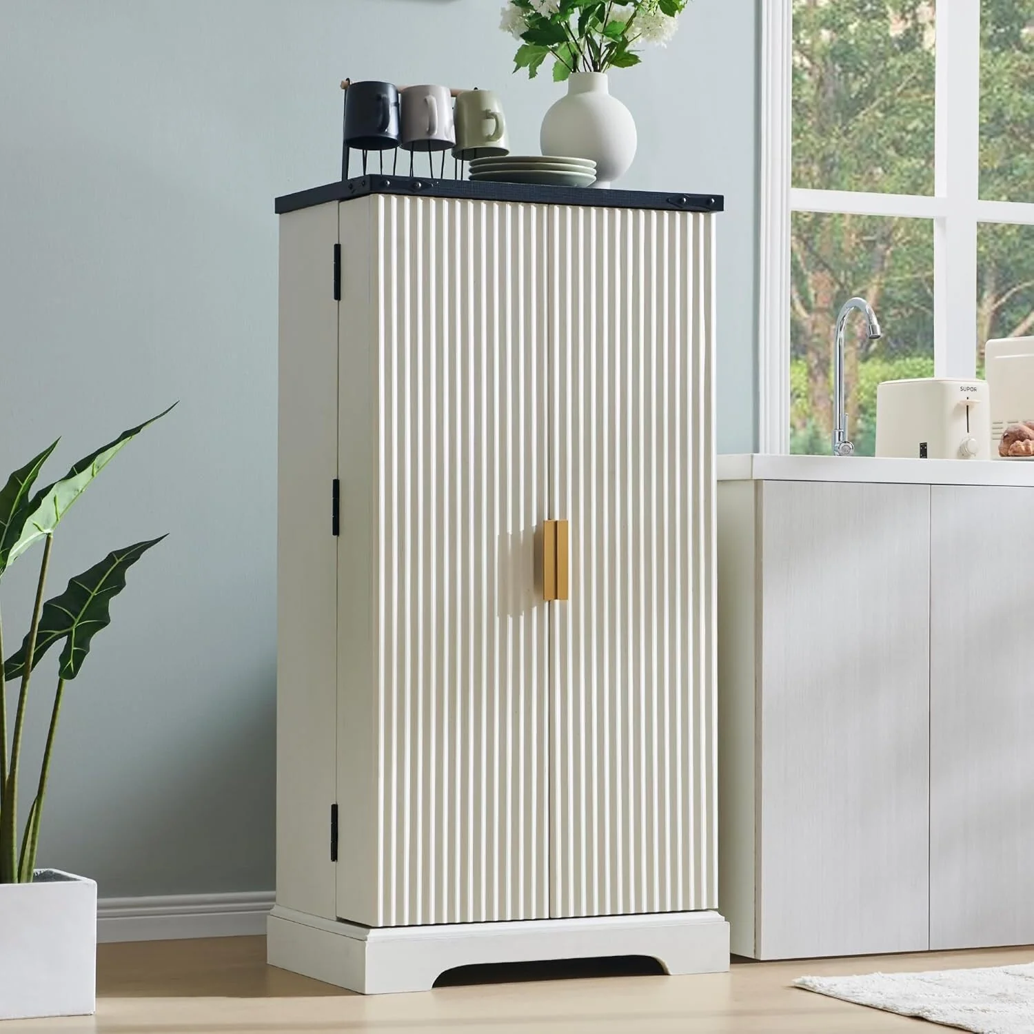 Modern Fluted Pantry Cabinet, Storage Cabinet, Wood Cupboard Organizer