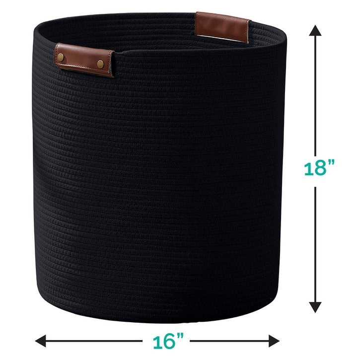Large Cotton Rope Storage Basket Laundry Hamper Woven Basket with Leather Handles -16 x 18 - 16