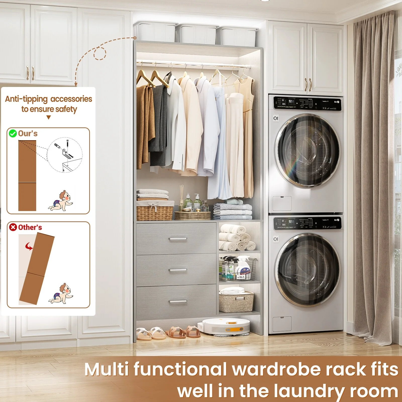 Cimly 30'' W Freestanding Closet Sytem with Hanging Rod, Closet Organizer with Drawers and Shelves