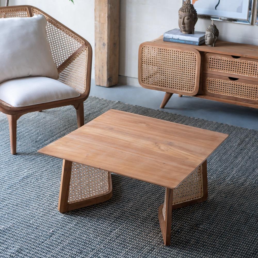 Square Coffee Table with Wooden Top and Rattan Base