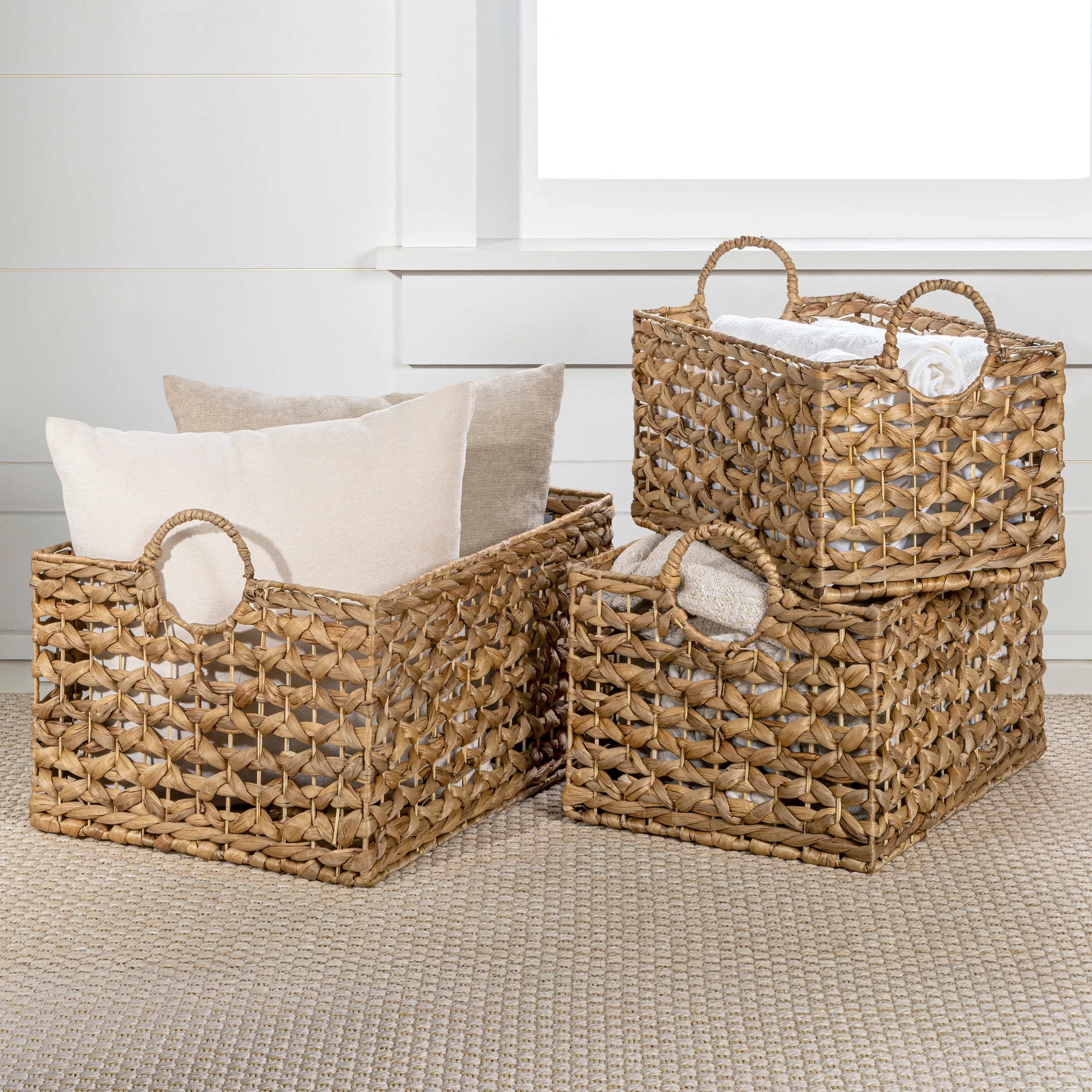 Woven Hyacinth Rectangular Storage Baskets with Handles (Set of 3)