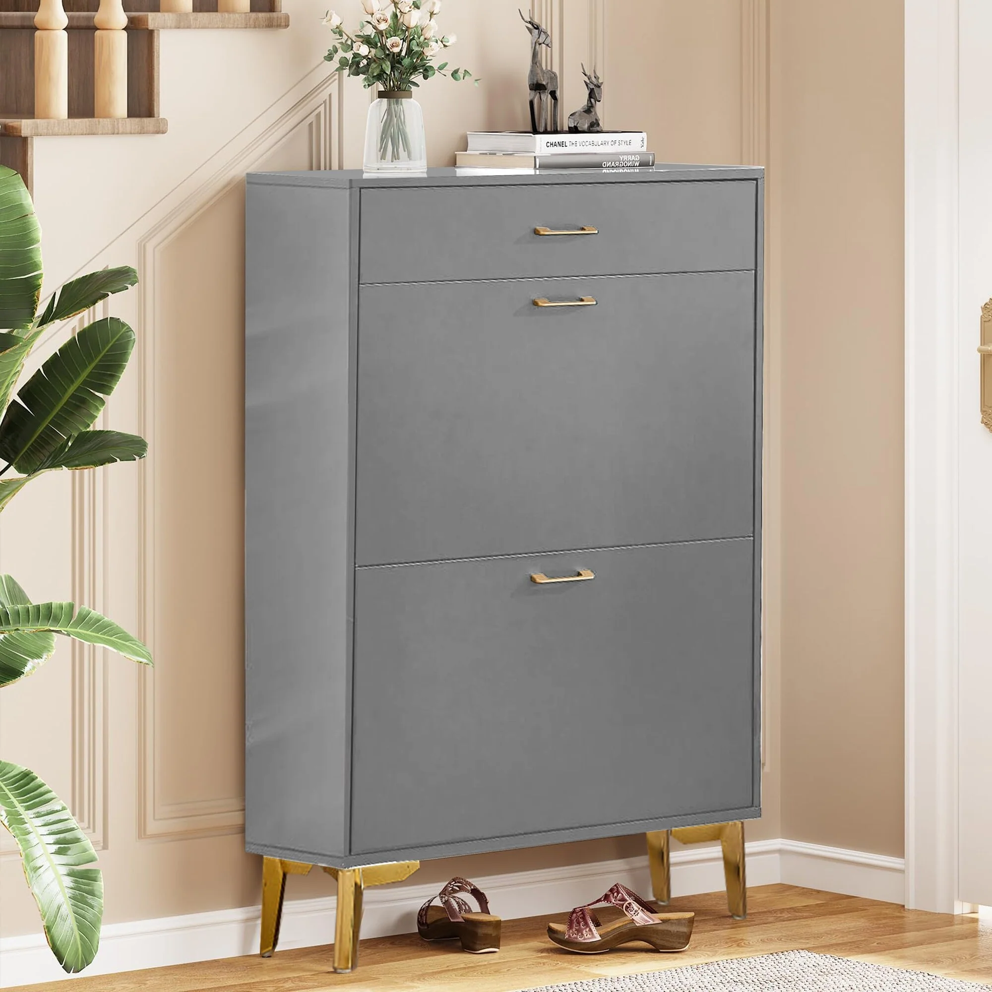 Freestanding Shoe Cabinet for Entryway, with 2 Flip Doors and Drawer - 32'W x 10''D x 43''H