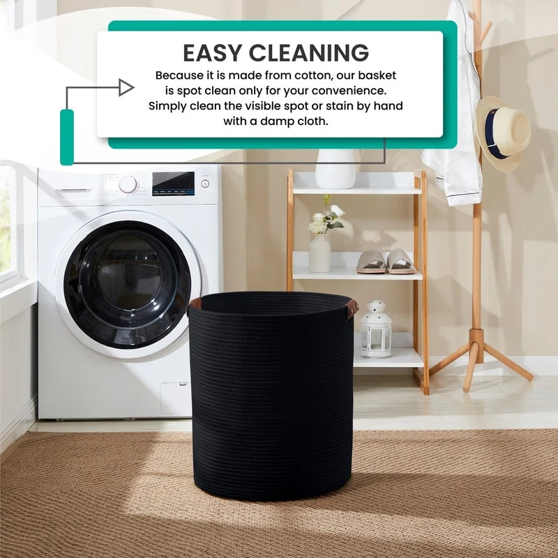 Large Cotton Rope Storage Basket Laundry Hamper Woven Basket with Leather Handles -16 x 18 - 16