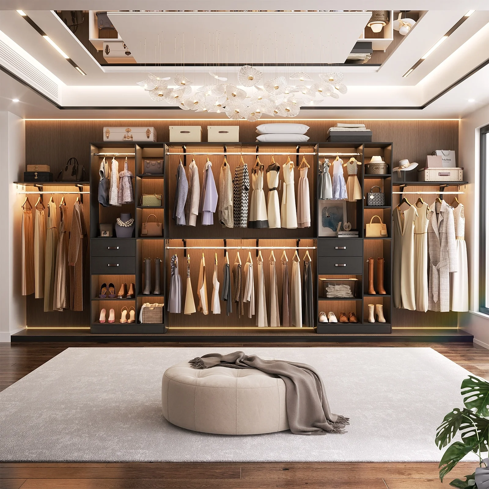 31.5'' to 96'' W Closet Organizer System with Drawers and Tower Shelves for Reach-in and Walk-in Closet