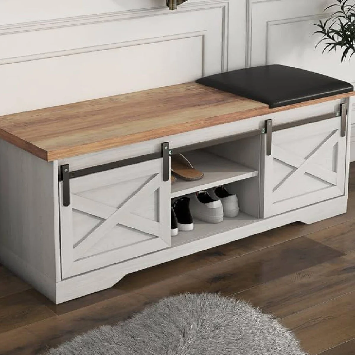 Entryway Storage Shoe Bench with Leather Cushion