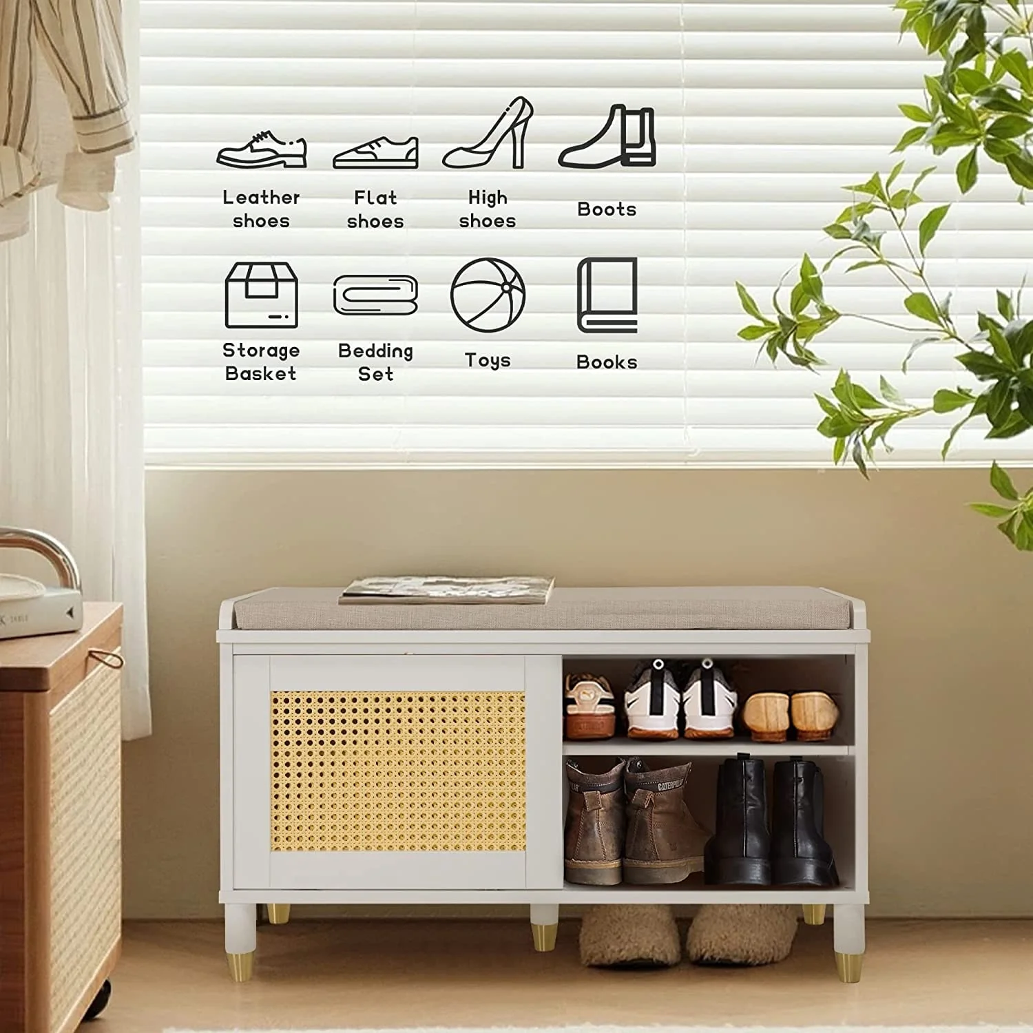 Shoe Storage Bench Cabinet Rattan Style Shoe Cabinet for Entryway
