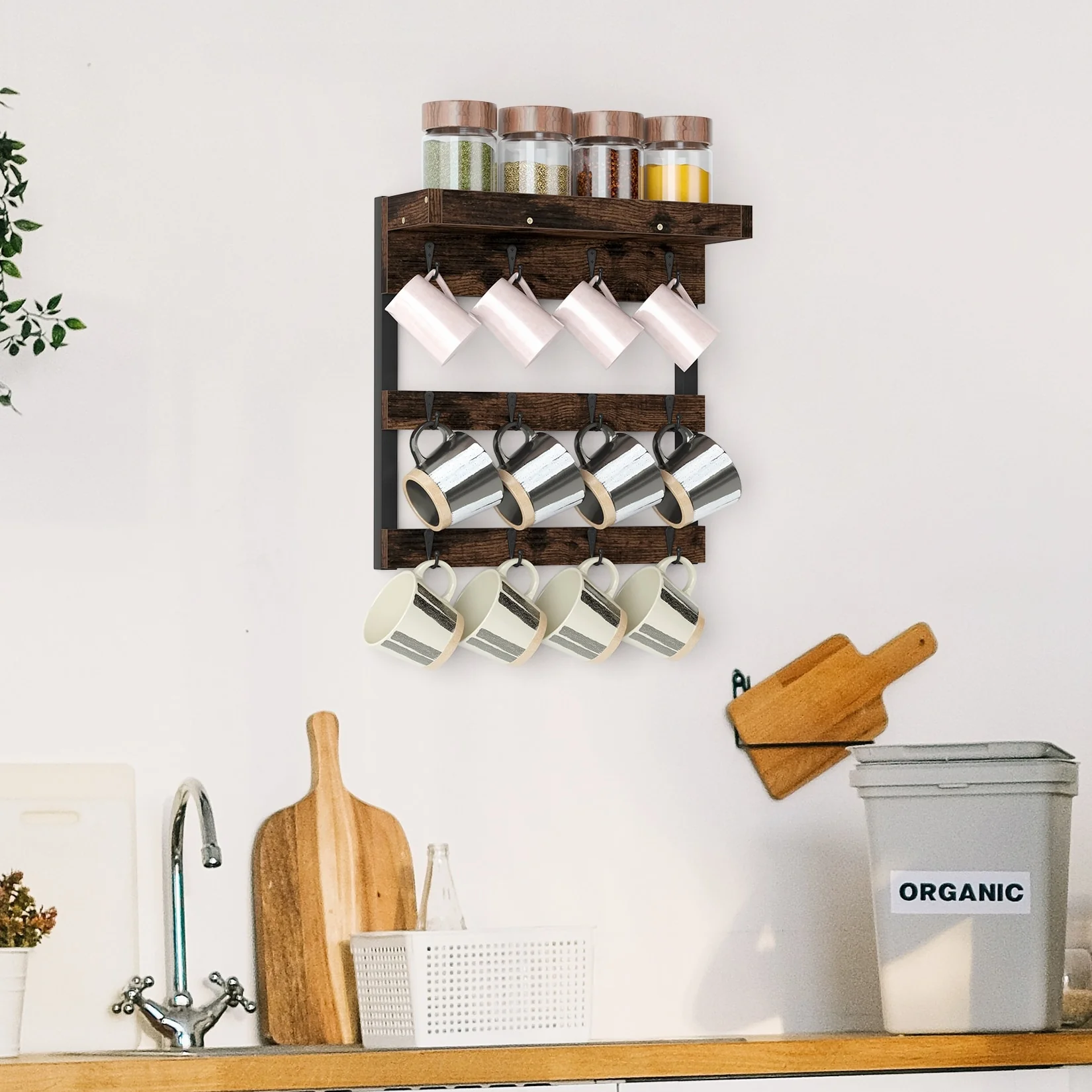 Wood Rustic Coffee Mug Holder Rack Wall Mounted Coffee Cup Shelf - 15.8 L x 5.4 W x15.9 H inch
