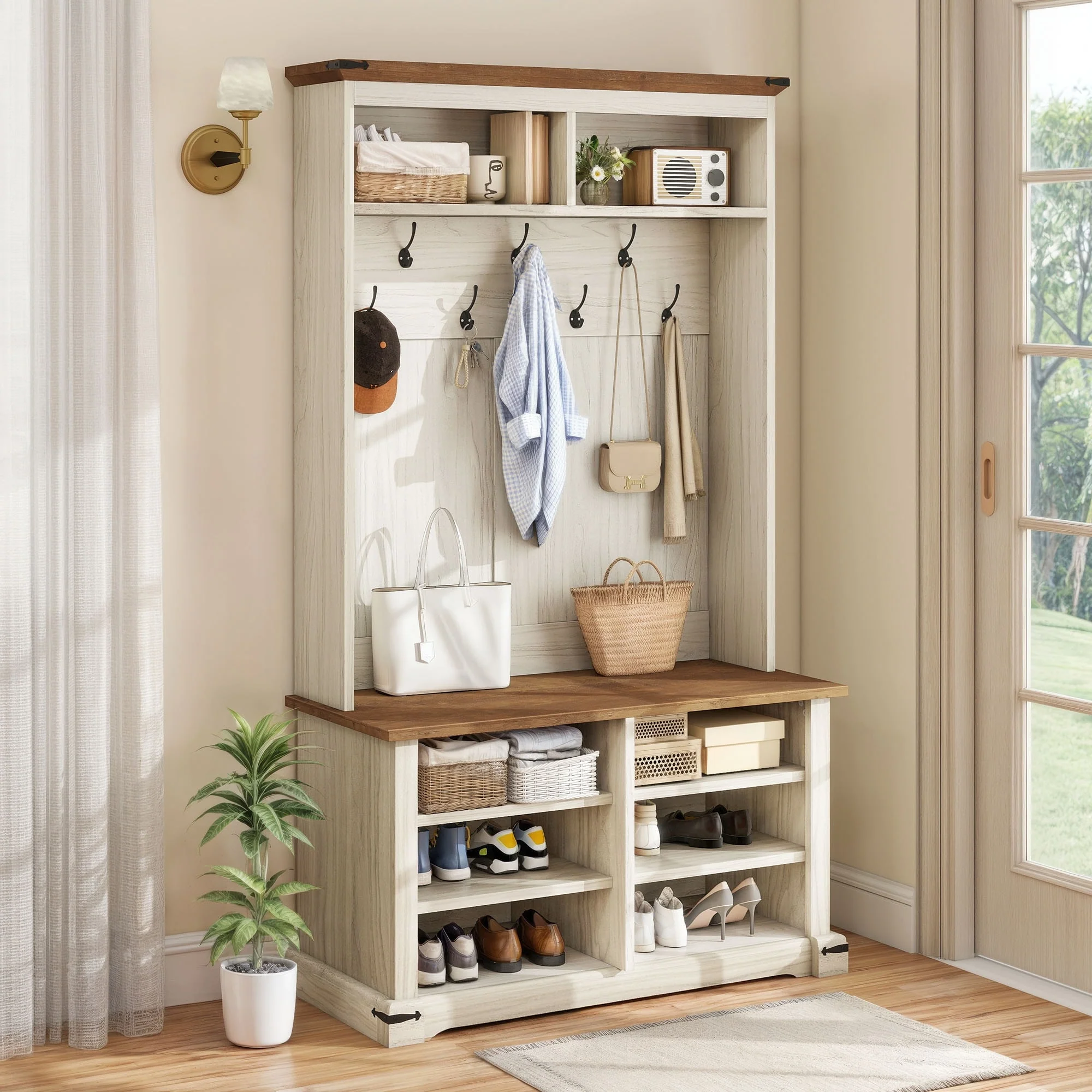 Moasis Farmhouse Hall Tree with Bench and Shoe Storage with 10 Hooks for Entryway