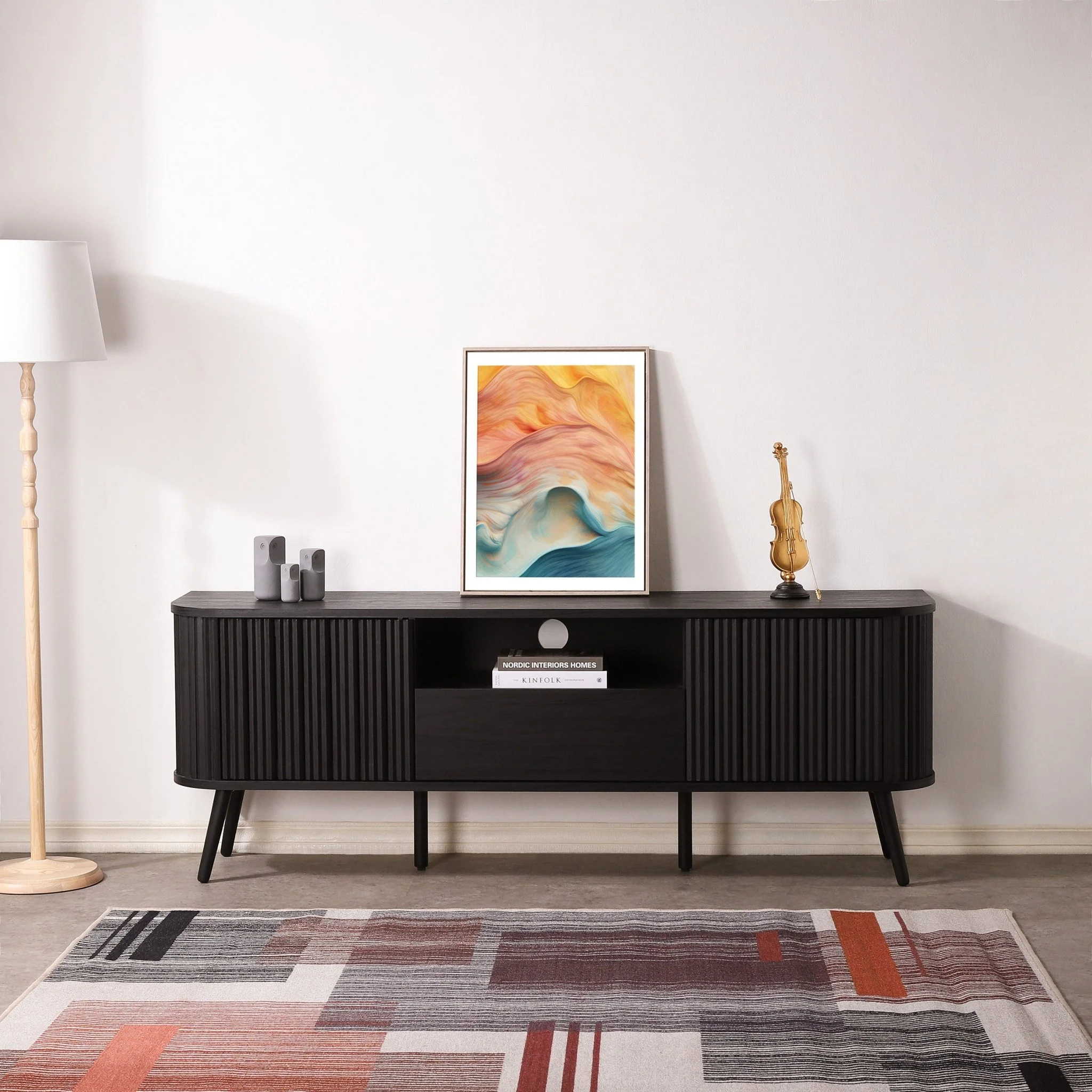 Damien Farmhouse Curved TV Stand with Drawer and Storage Doors Fits TVs up to 75 in. with Cable Management