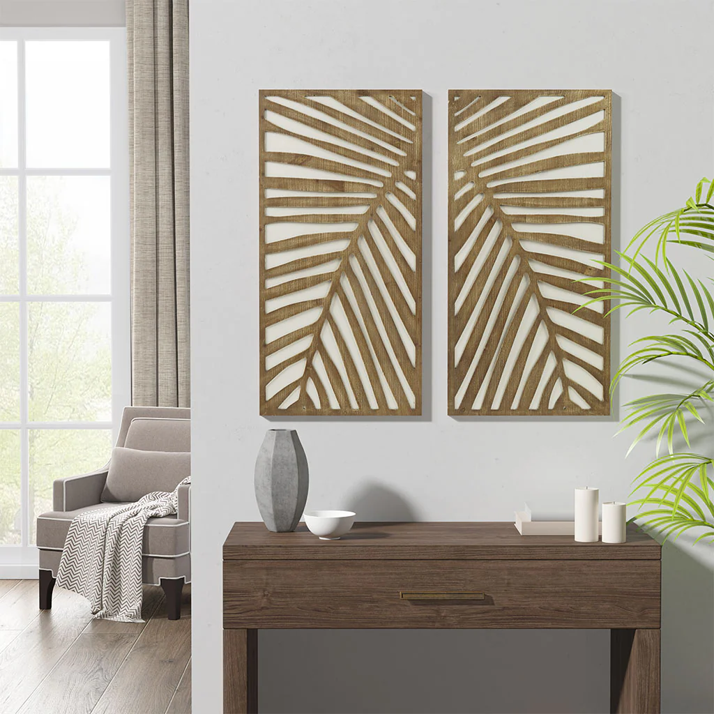 2-Piece Wood Wall Decor Set with Palm Leaf Design