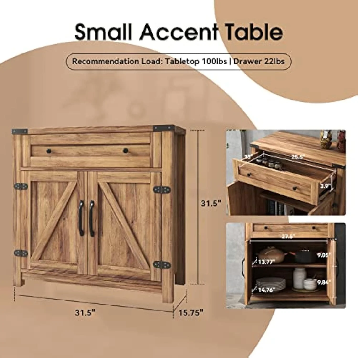 Farmhouse Cabinet with Drawers and Doors 31.5 inch - 15.75