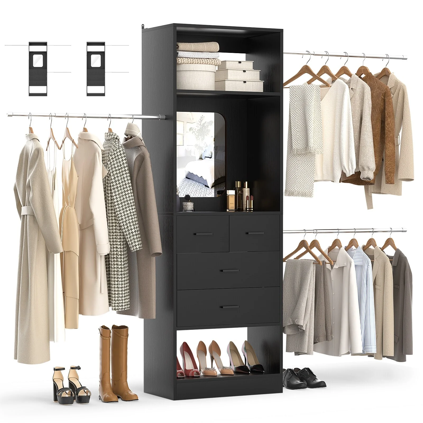 96'' W Closet System with Mirror, 8FT Walk-in Closet Organizer Kits with 4 Wooden Drawers ＆ 3 Extendable Hanging Rods