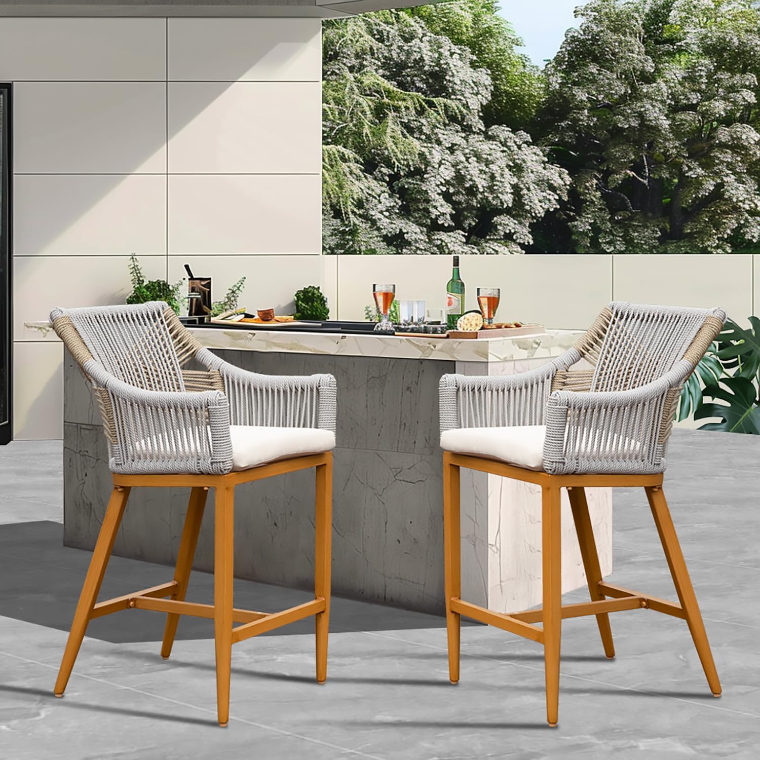 Creation Outdoor Bar Stool with Square Backrest & Adjustable Foot, Set of 2