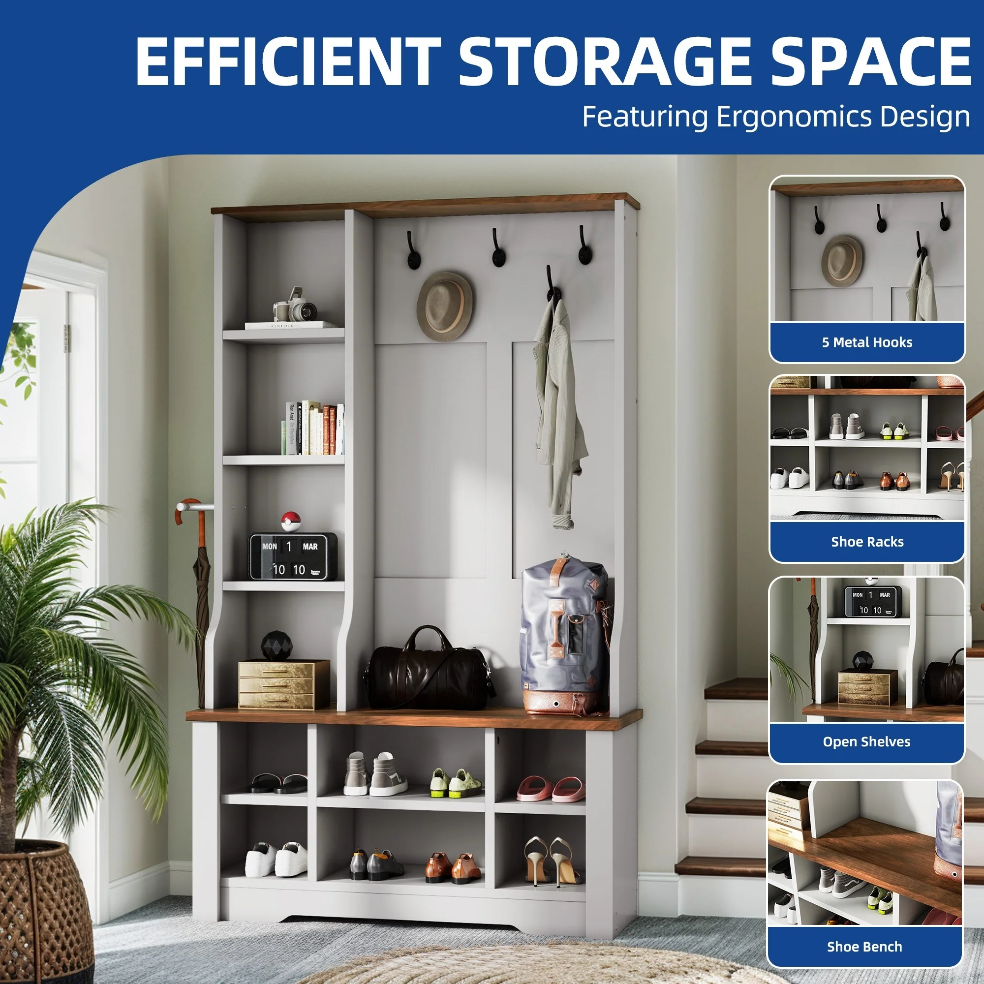 Moasis Farmhouse Hall Tree with Bench and Shoe Storage with 10 Hooks for Entryway