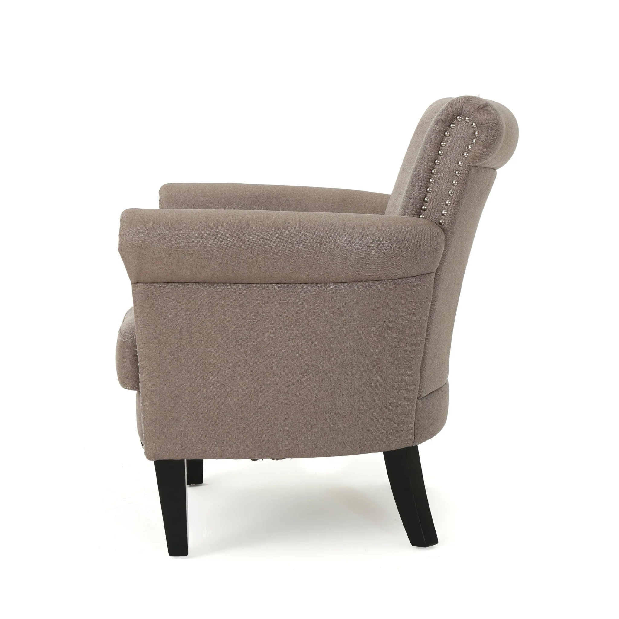 Upholstered Club Chair with Curved Design, Nailhead Trim and Rolled Armrests
