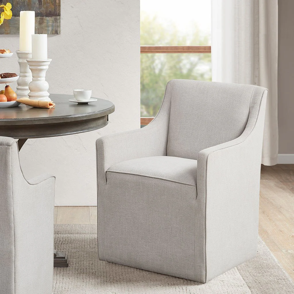 Upholstered Dining Chair with Casters, Padded Back, Seat and Arms
