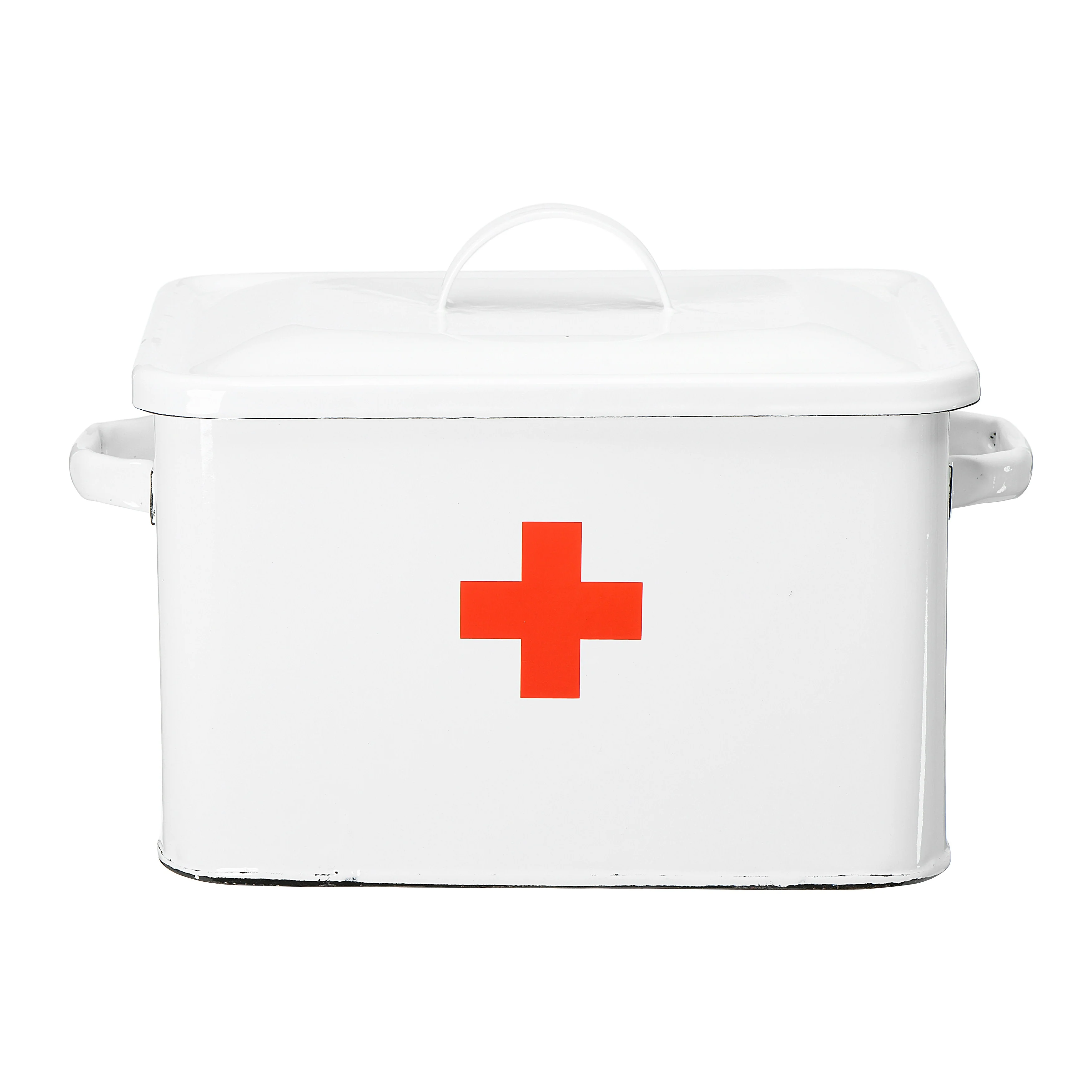 Enameled Metal First Aid Box with Lid and Swiss Cross
