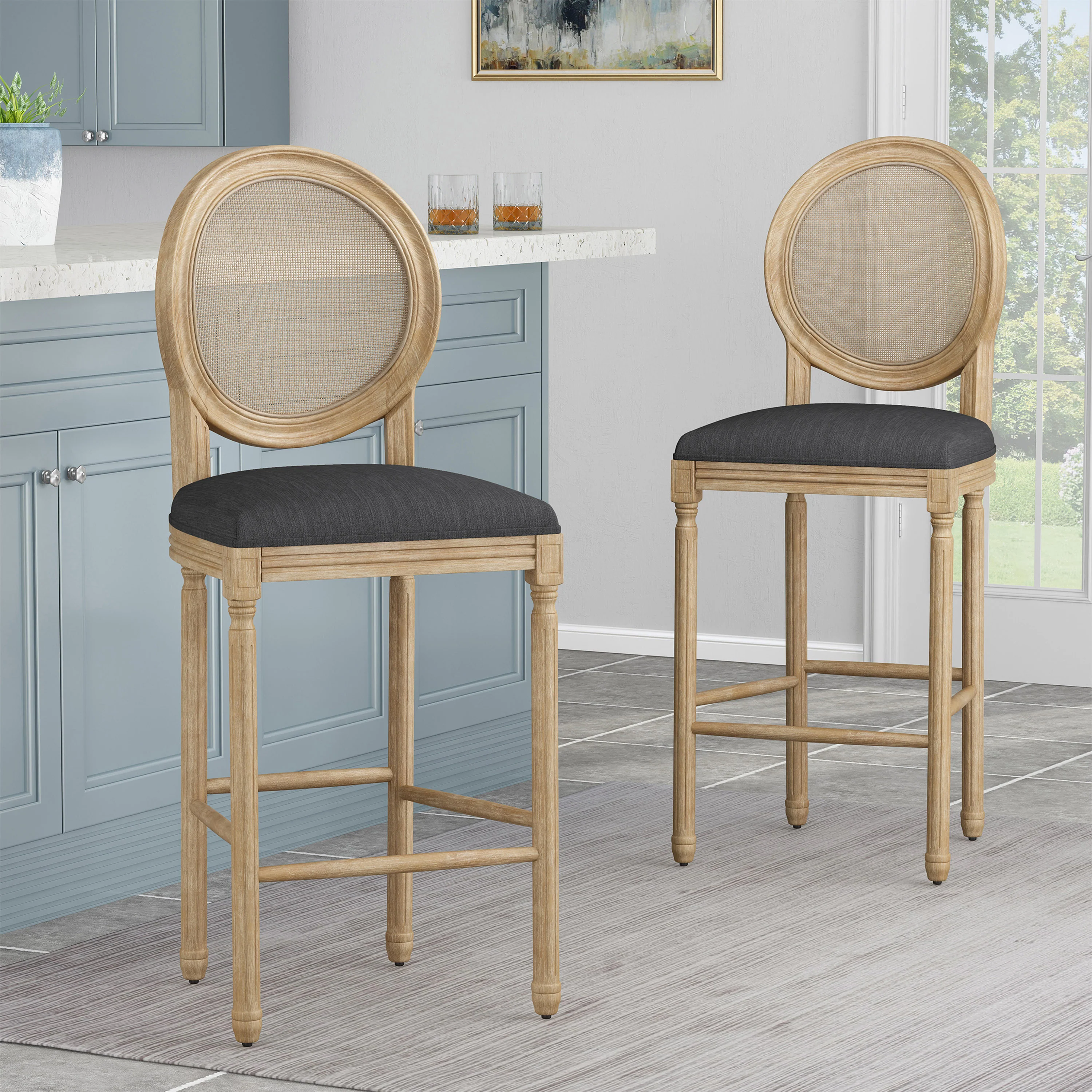 French Country Cane Bar Stool, Set of 2