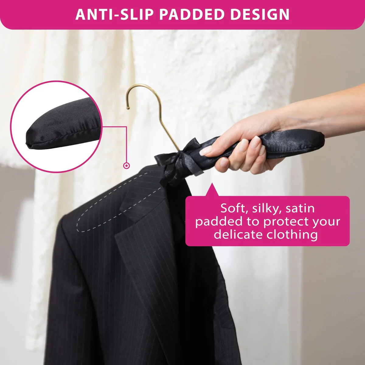 Premium HeavyDuty Thick Satin Padded Hangers Anti Slip - Black, Set of 12