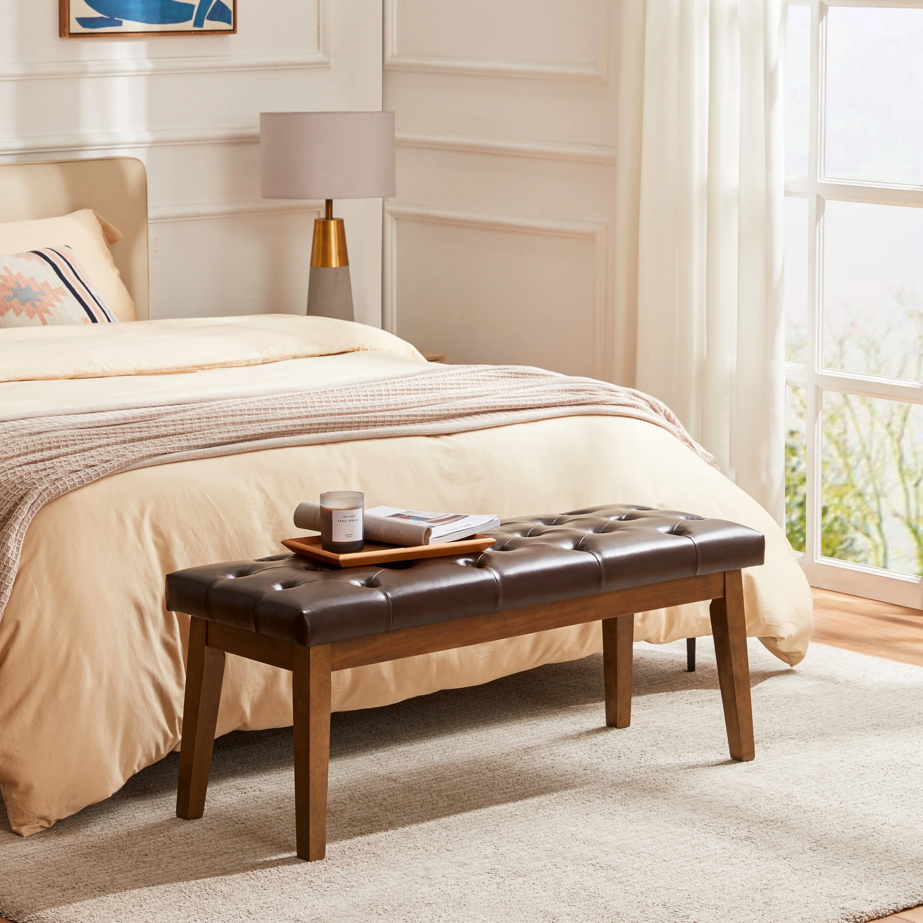 Button-Tufted Bench for End of Bed, Entryway Bench Beige/ Black/ Brown Solid Wood, Leather, Fabric 44-inch