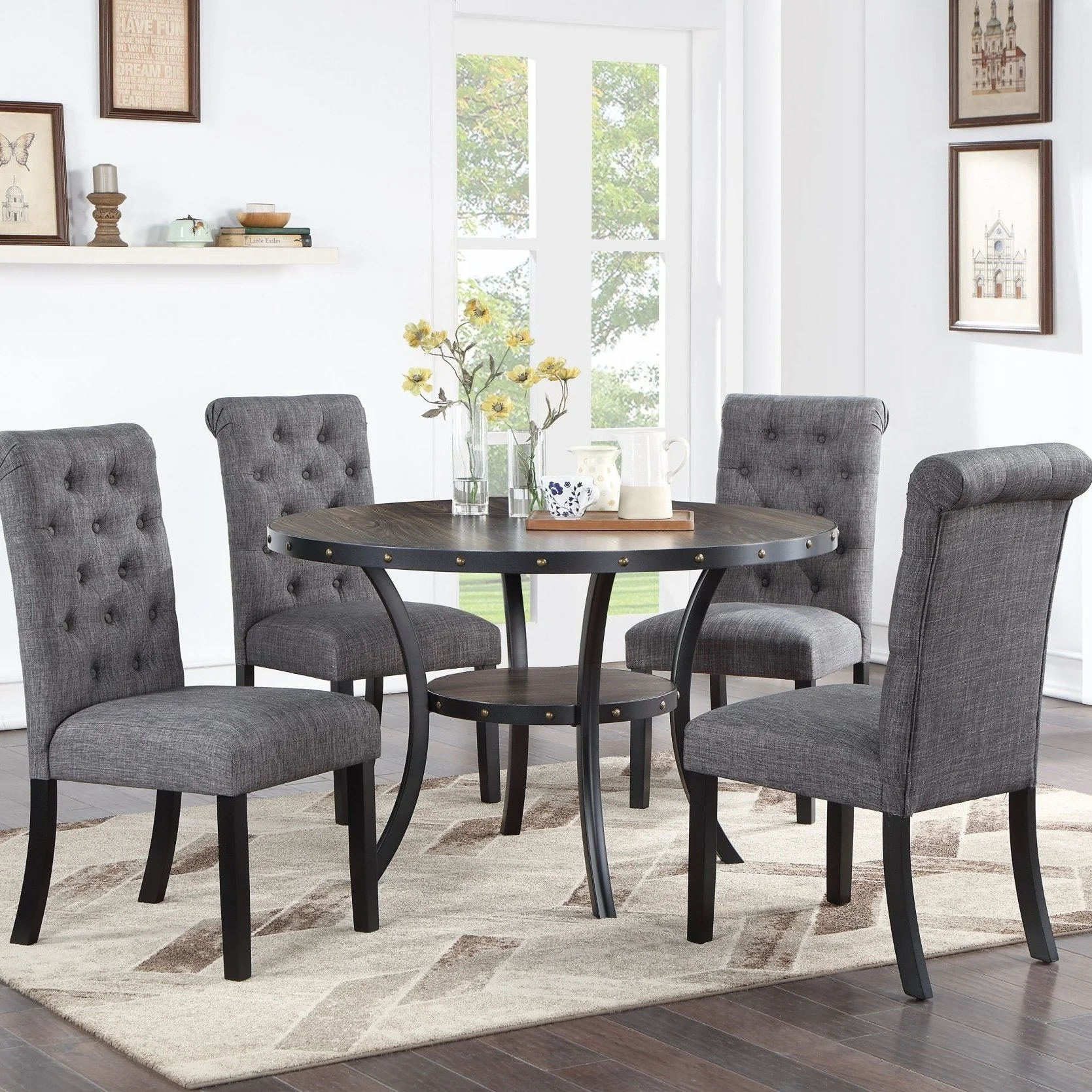 5 Piece Dining Table Set with Tufted upholstered 4 Side Chairs