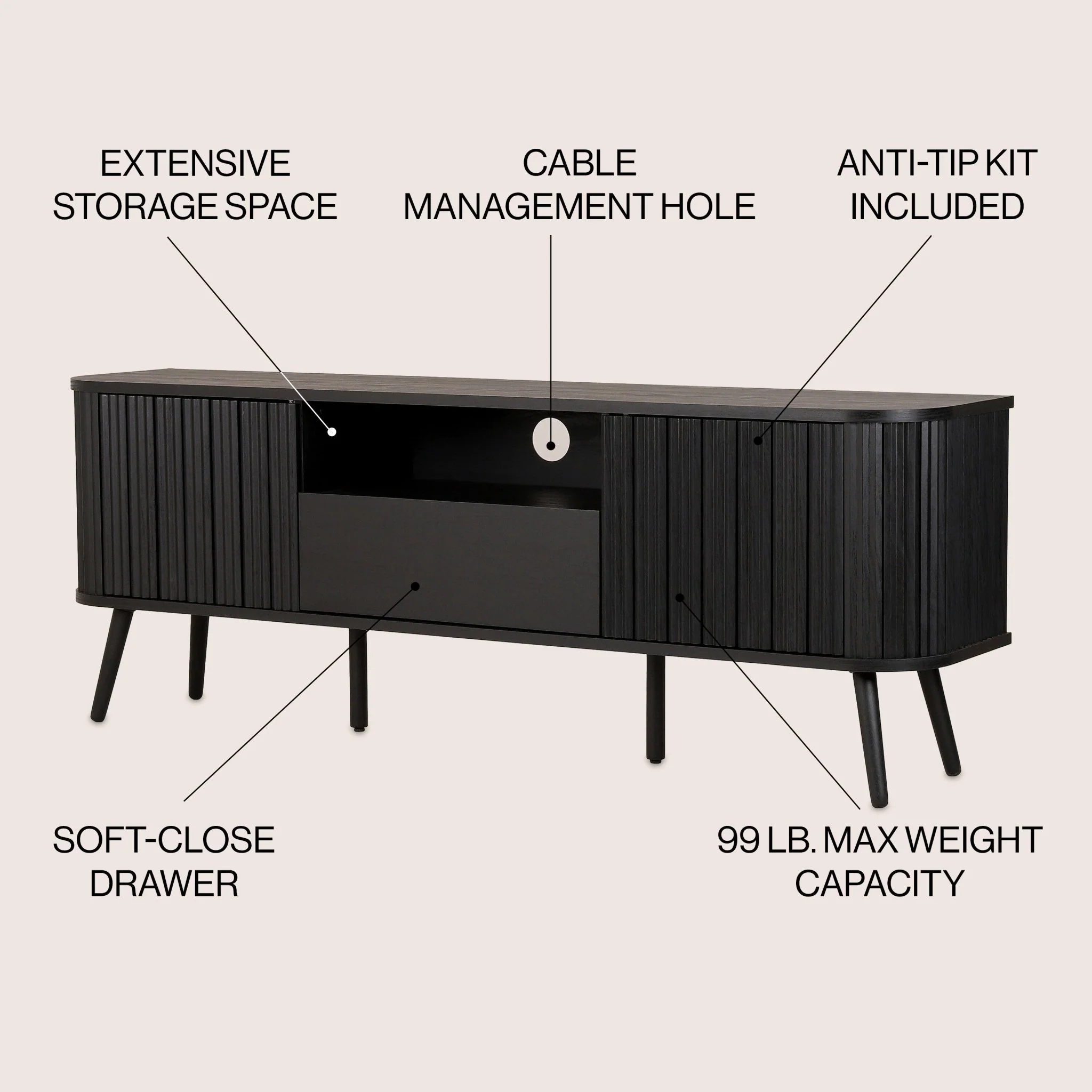Damien Farmhouse Curved TV Stand with Drawer and Storage Doors Fits TVs up to 75 in. with Cable Management