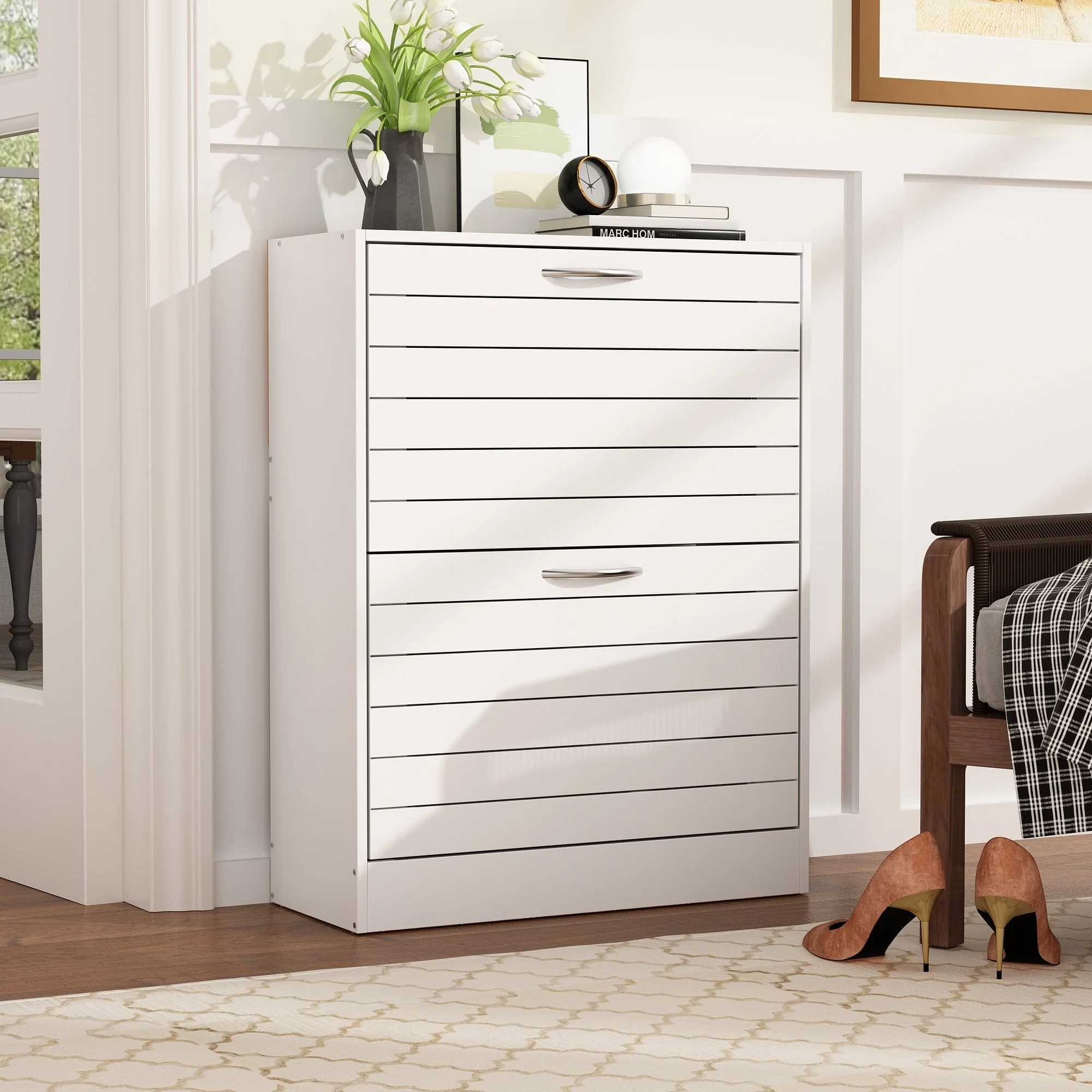 Shoe Storage Cabinet Two Drawer Space Saving Grey/Oak/White Dresser
