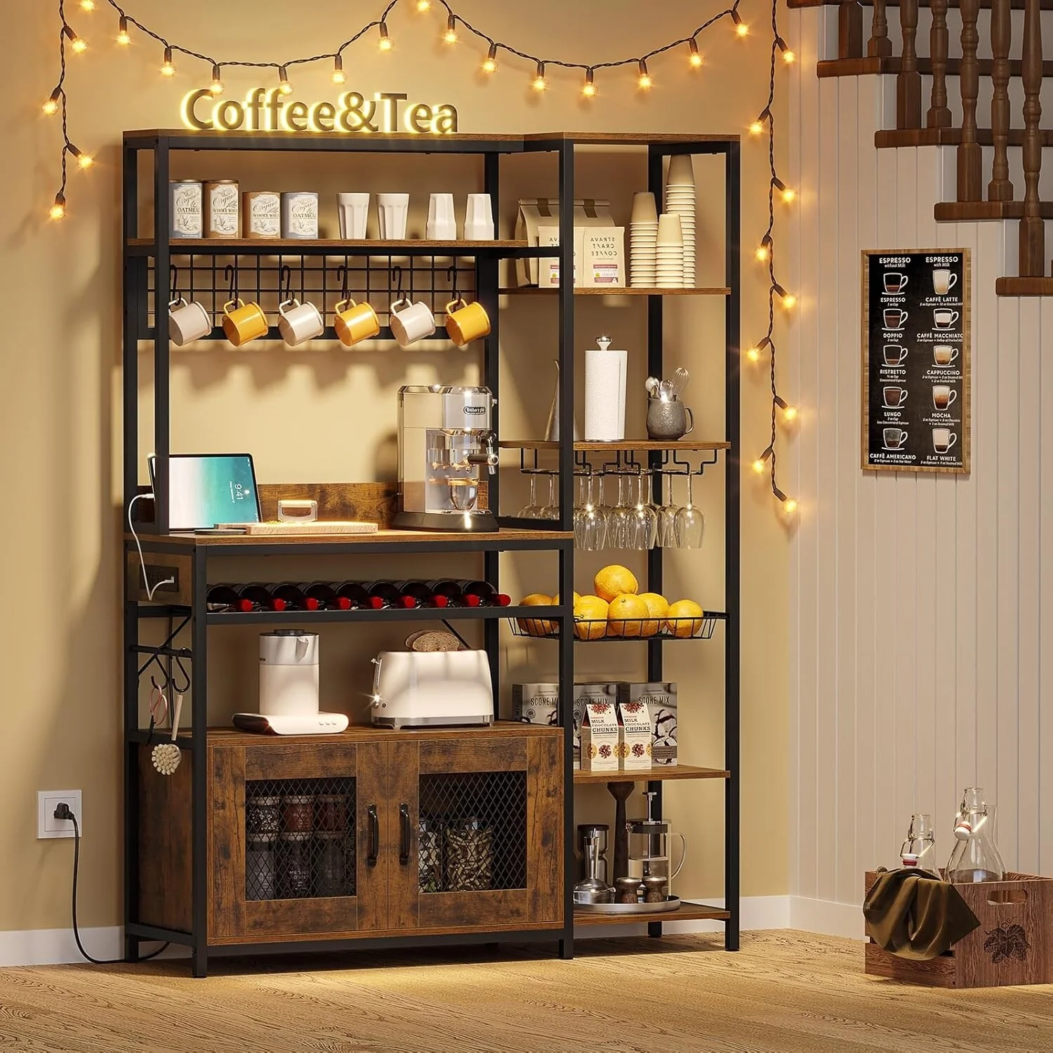 47.2 in Bakers Rack with Power Outlet Coffee Bar with Cabinet