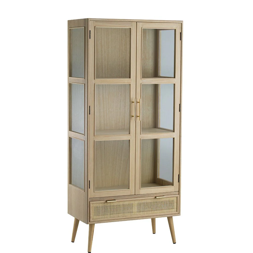 Tall Cabinet with 2 Glass Doors and Rattan Drawer
