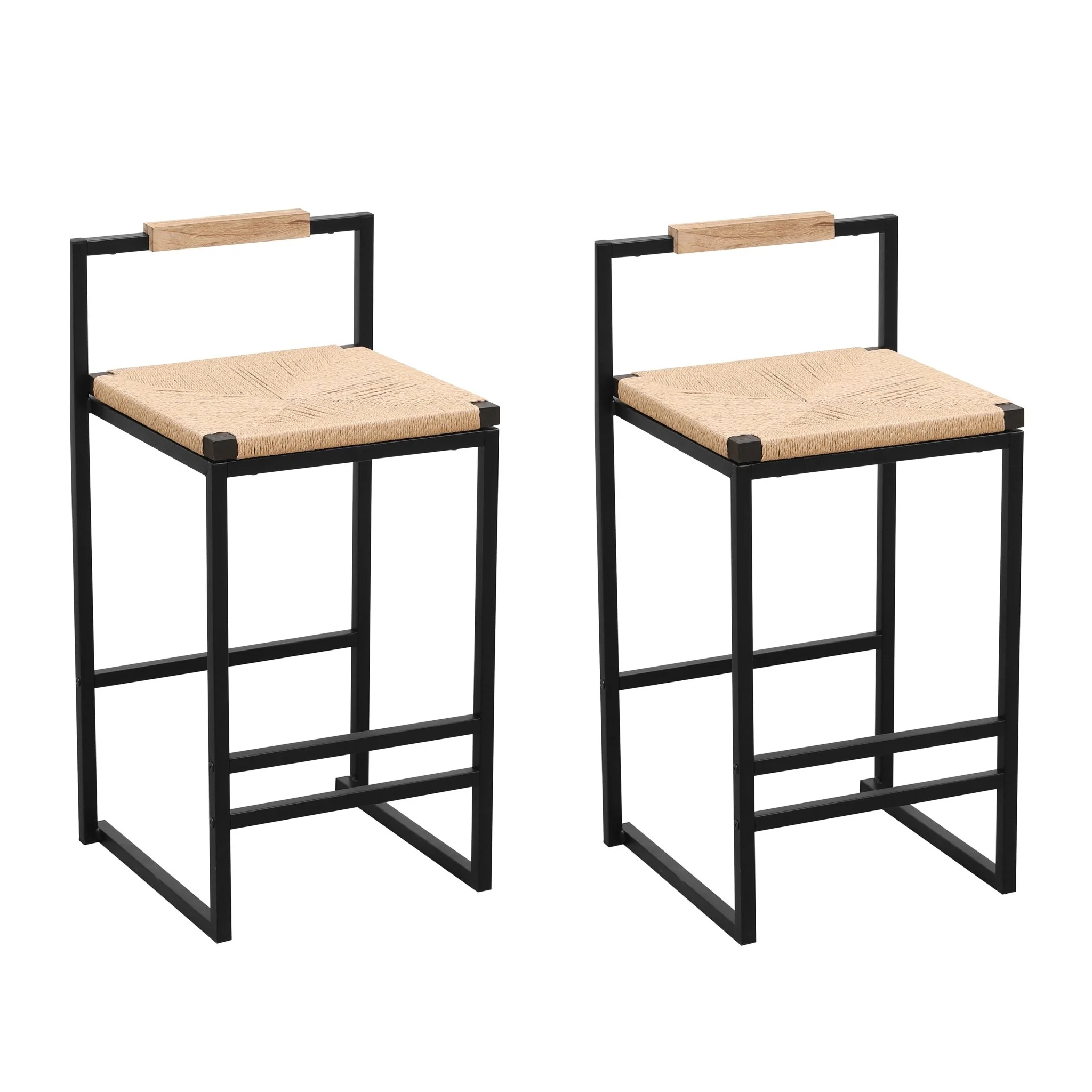 Rope Woven Bar Stool with Low Back and Metal Base, Set of 2