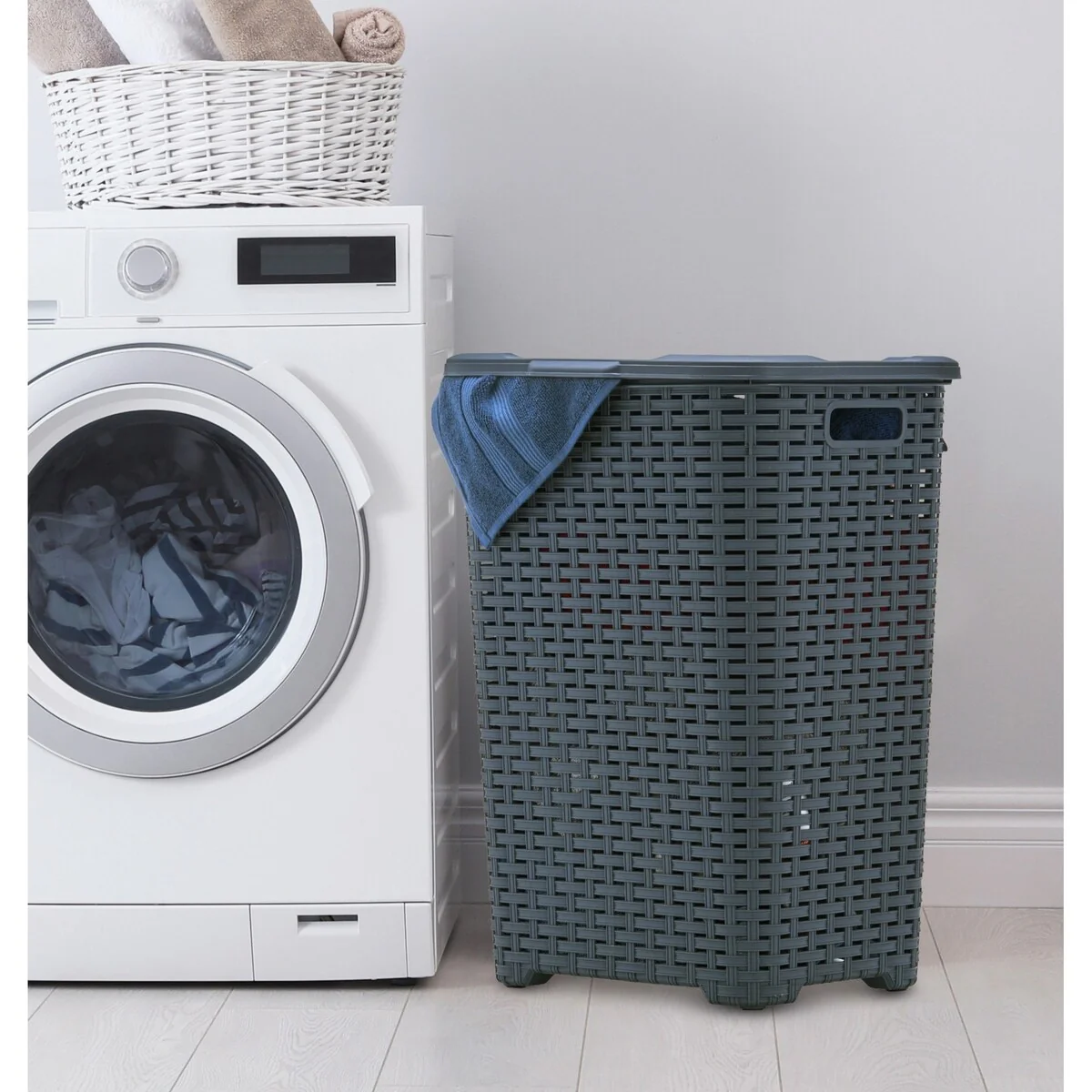 Superio Plastic Wicker Laundry Hamper with Lid Large Capacity - Capacity: 60l