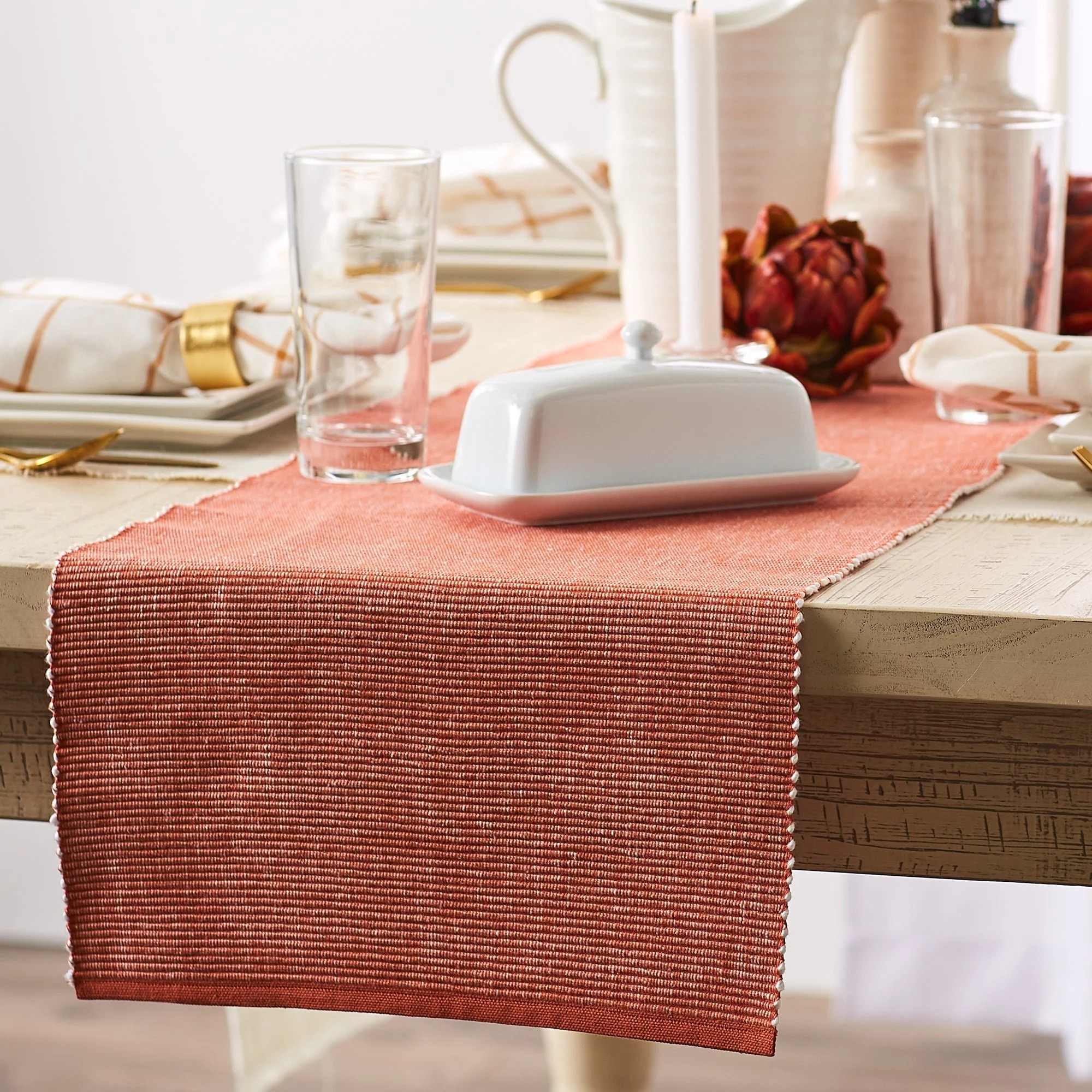 Vintage Red & White 2-Tone Ribbed Table Runner 13X108