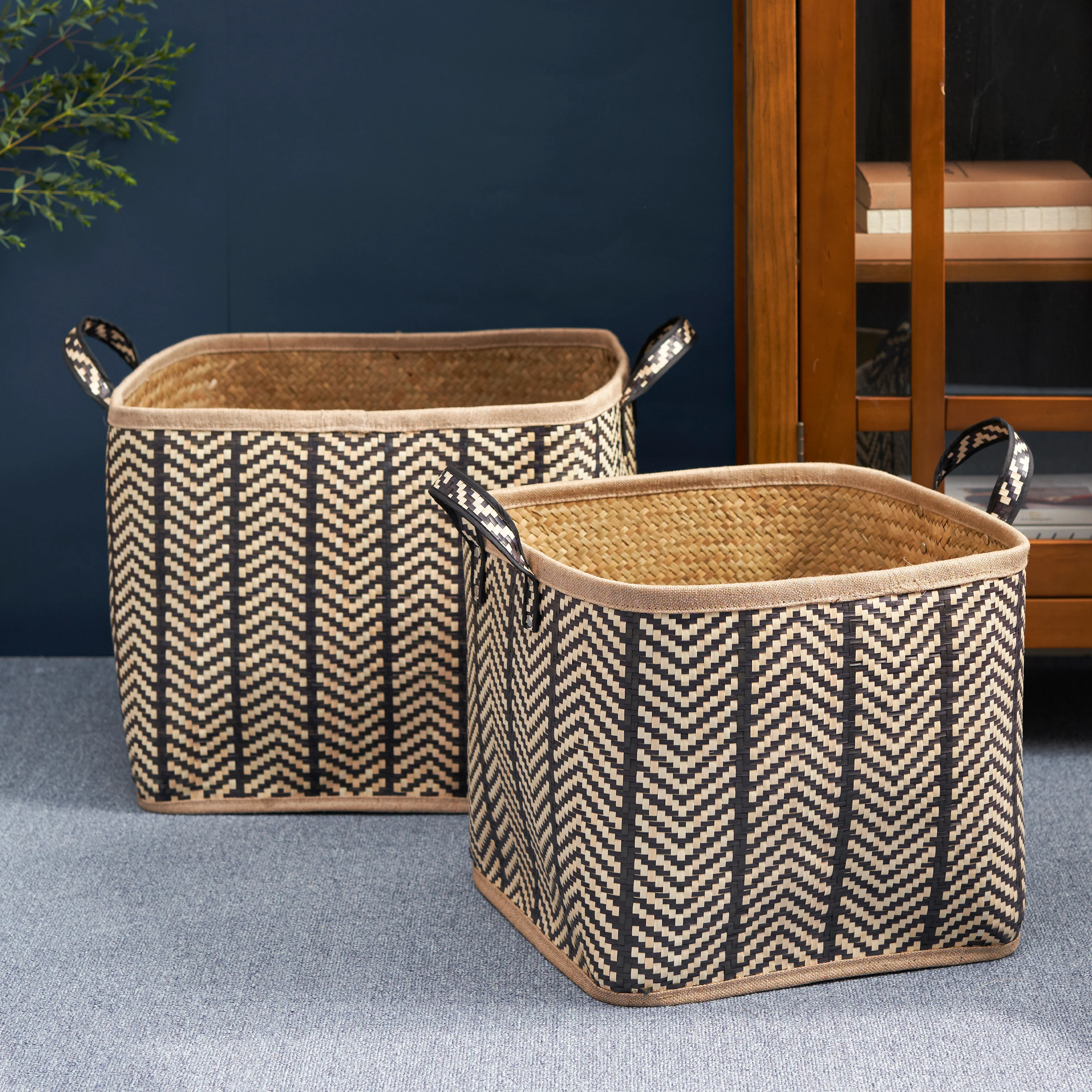 Square Palm Leaf Woven Wicker Storage Basket, Set of 2